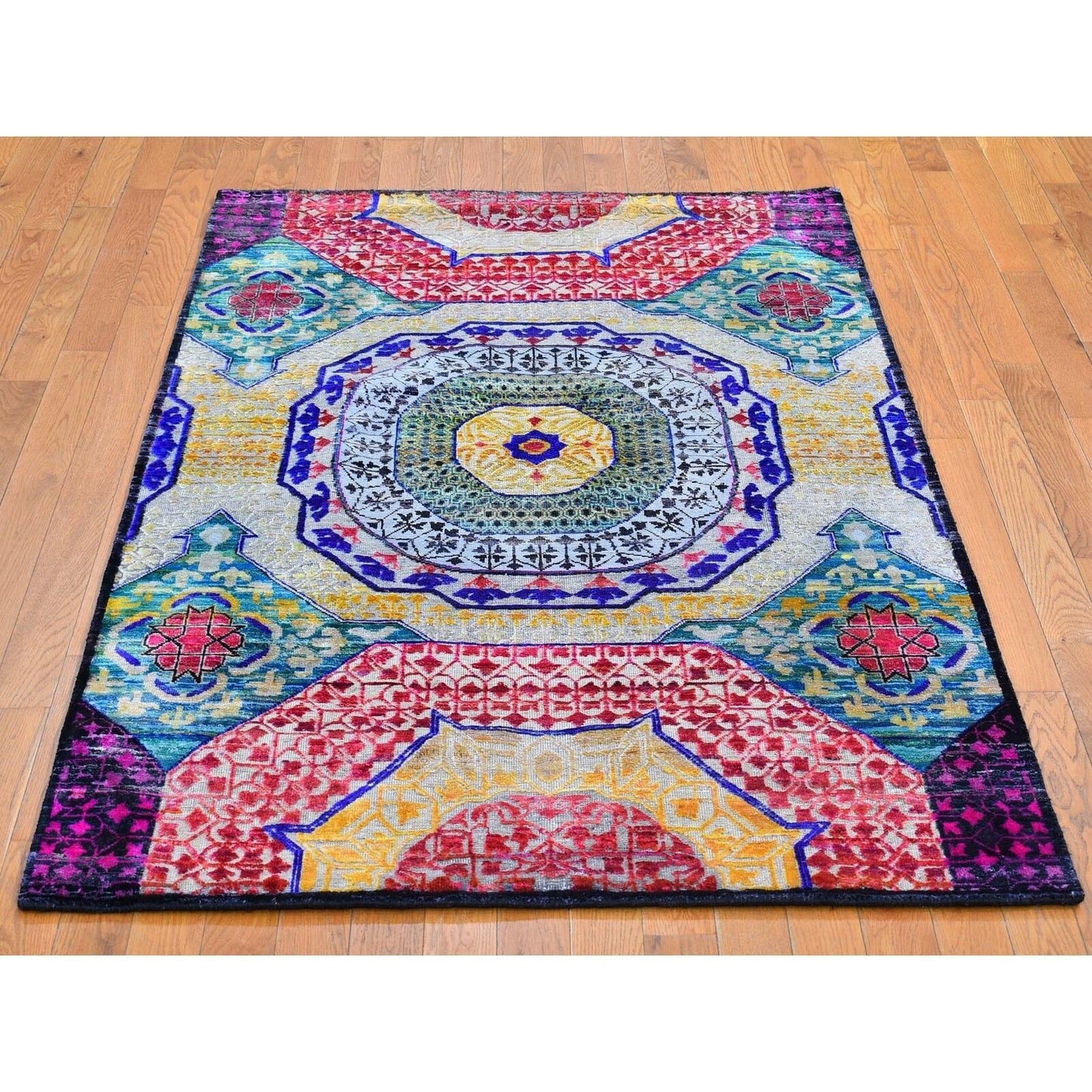 4'X6'2" Sari Silk With Textured Wool Mamluk Design Hand Knotted Rug