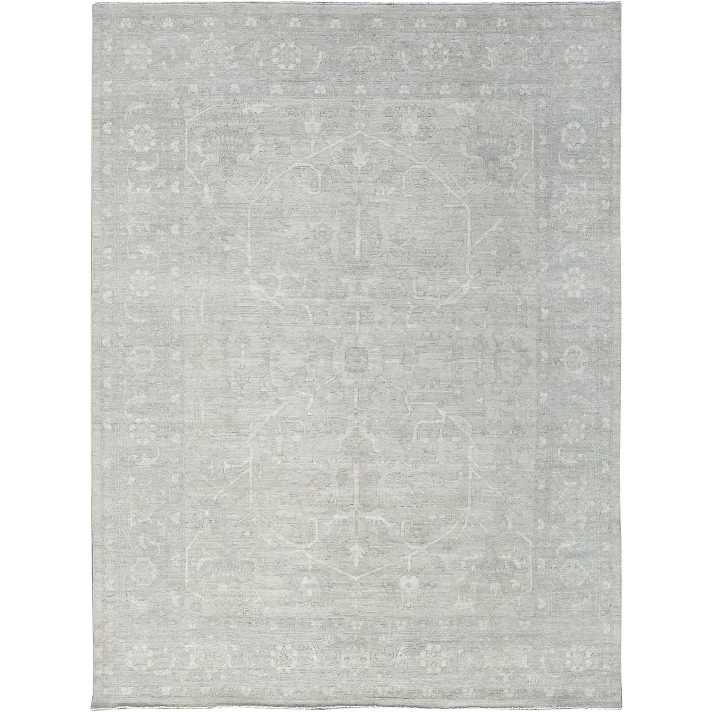 9'X11'10" Oyster White Washed Out Peshawar Hand Knotted 100% Wool Rug