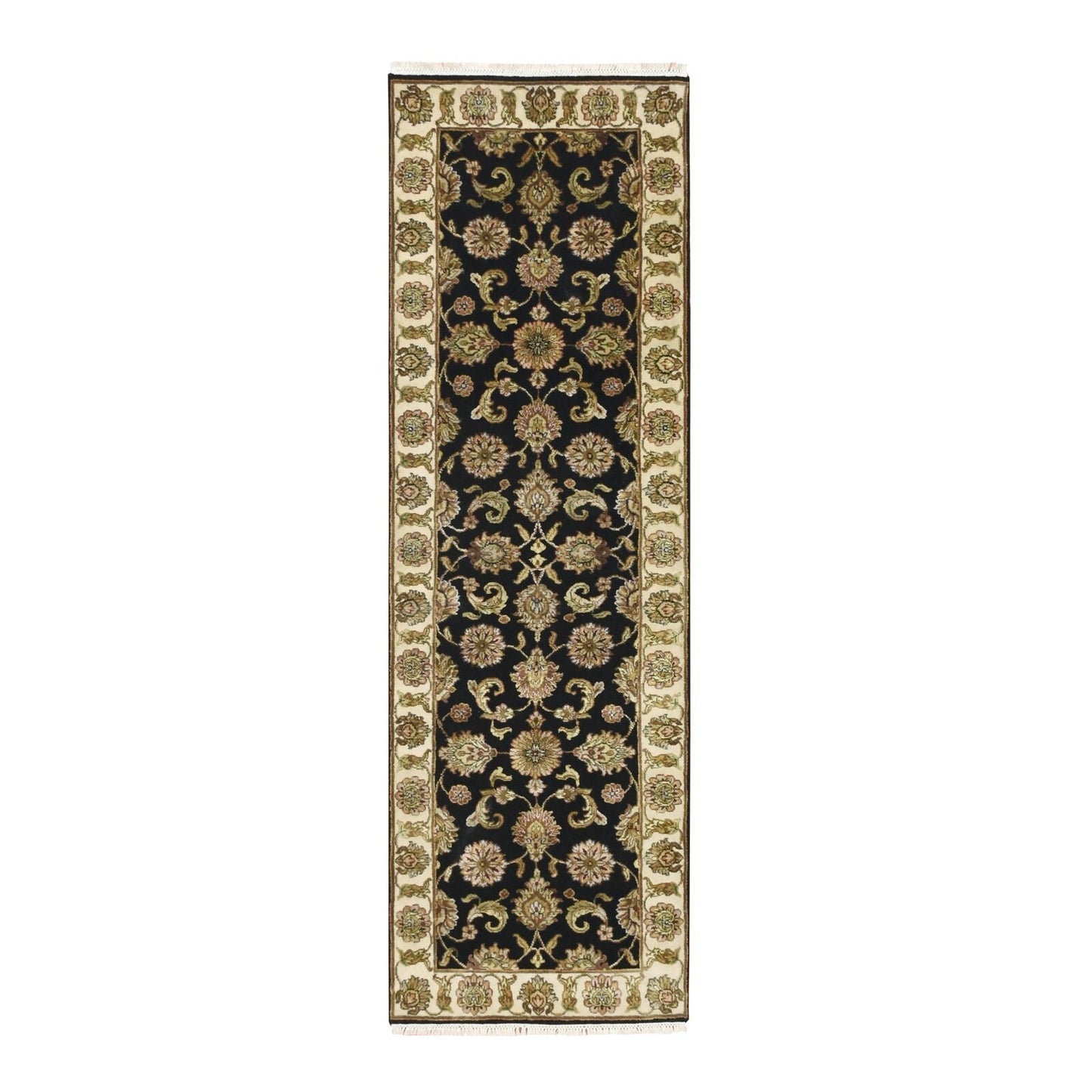 2'6"X8' Black Rajasthan Leaf Design Hand Knotted Wool & Silk Runner Rug