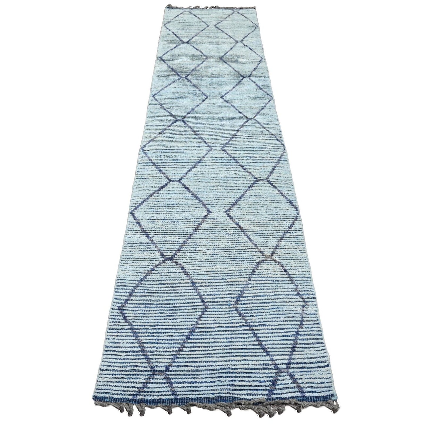 2'5"X10'3" Blue Geometric Moroccan Weave Hand Knotted Wool Runner Rug