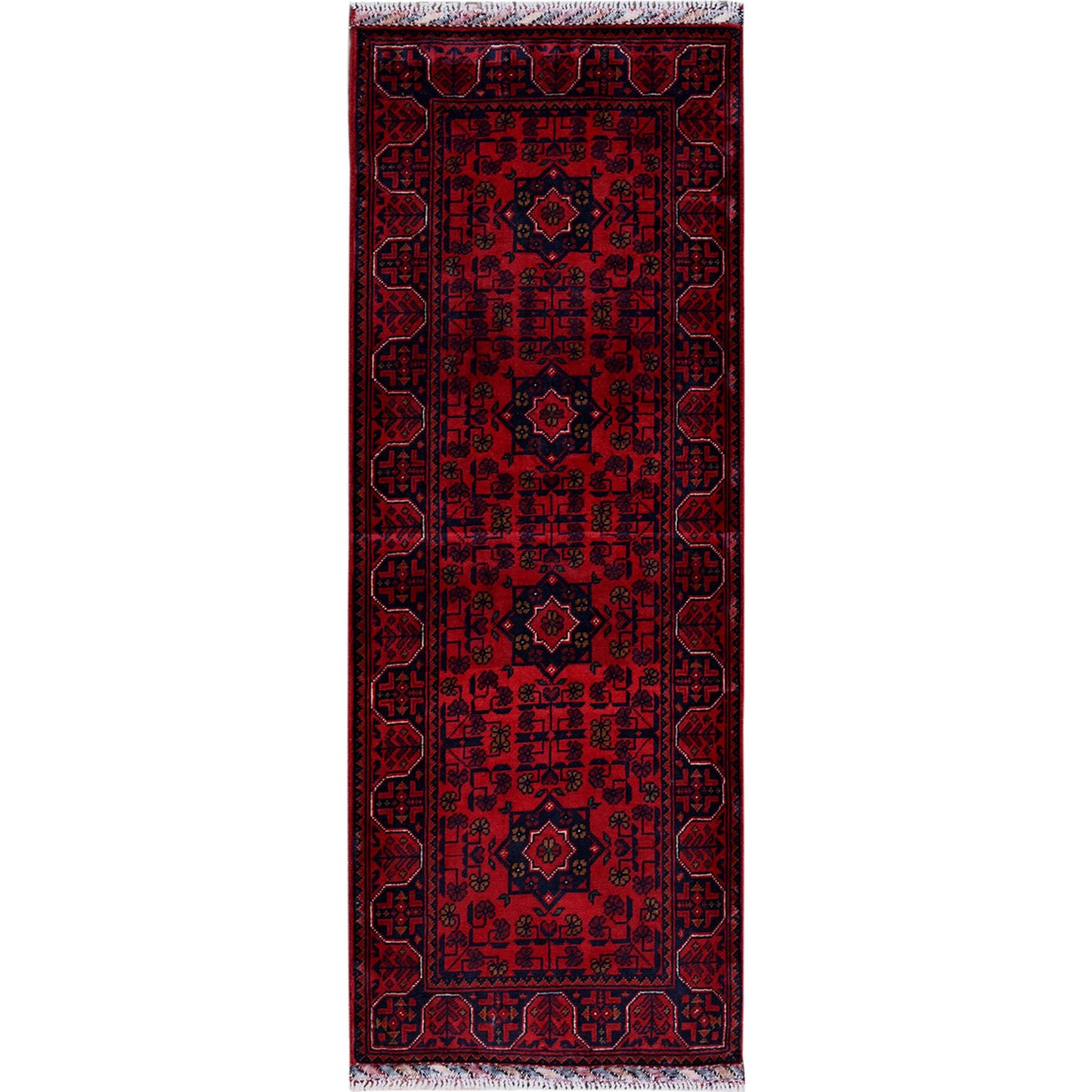 1'10"X4'10" Red Geometric Afghan Khamyab Soft Wool Hand Knotted Runner Rug