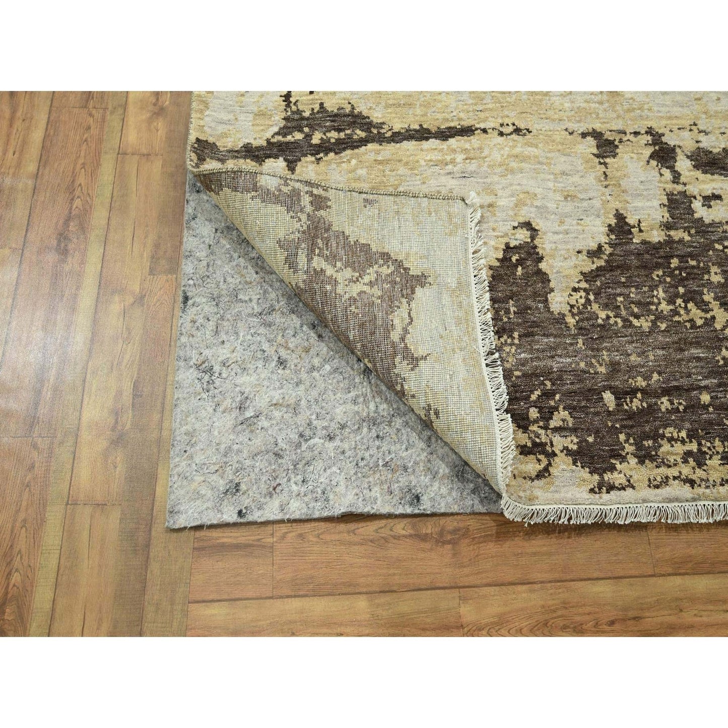 9'X12' Ivory & Brown Modern Abstract Design Hand Knotted Wool & Silk Rug