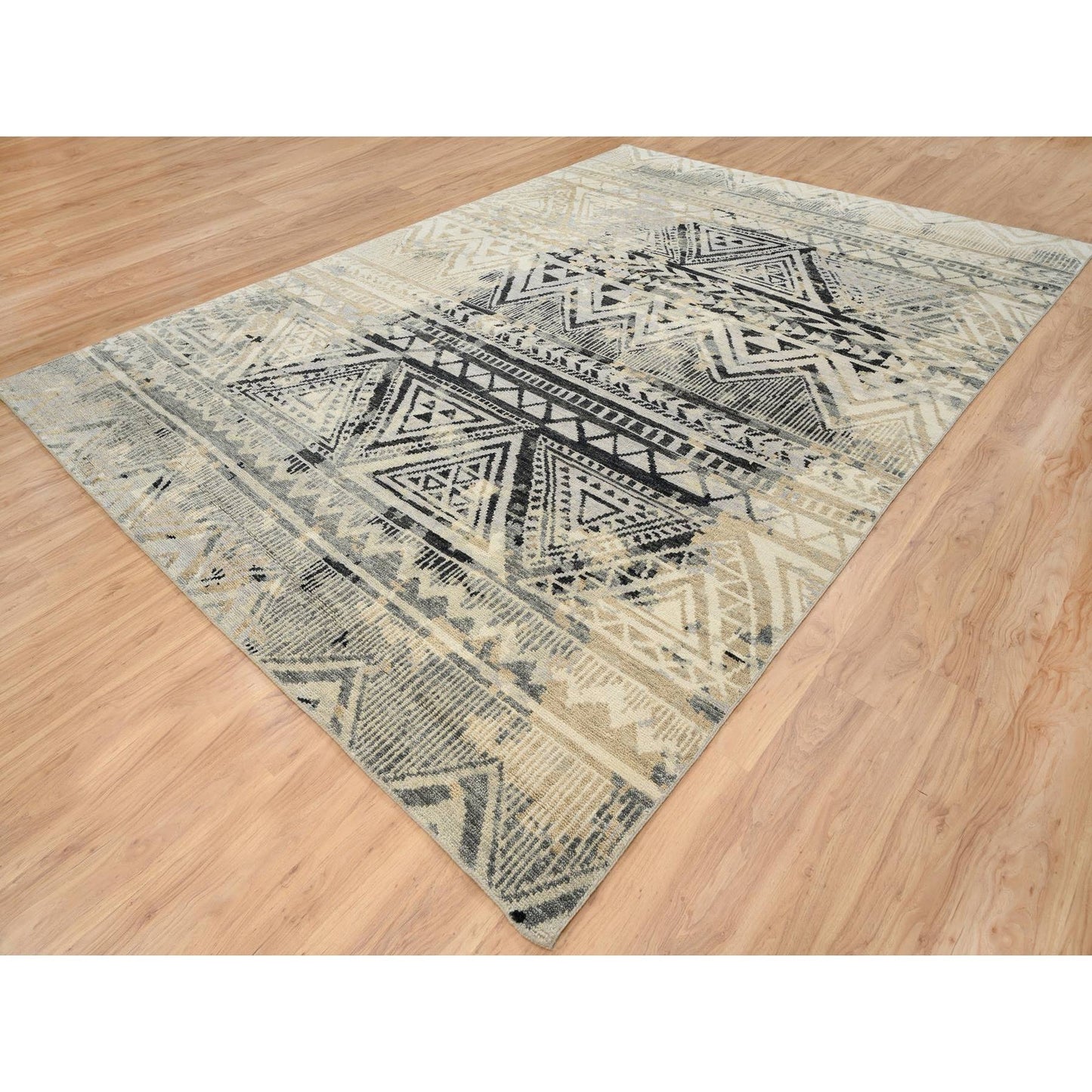 9'9"X13'10" Gray Erased Ethnic Geometric Design Wool Hand Knotted Rug