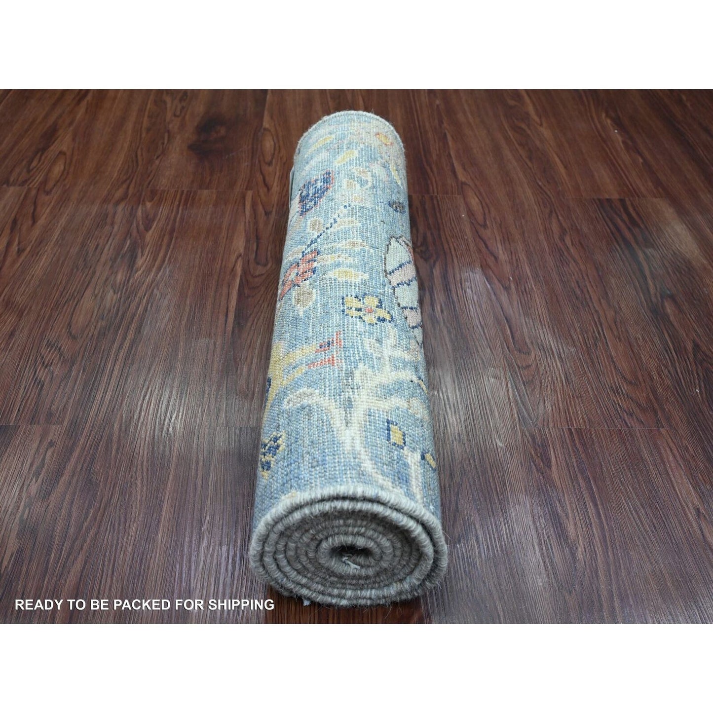2'X6'4" Ruddy Blue Peshawar Birds Design Hand Knotted All Wool Runner Rug