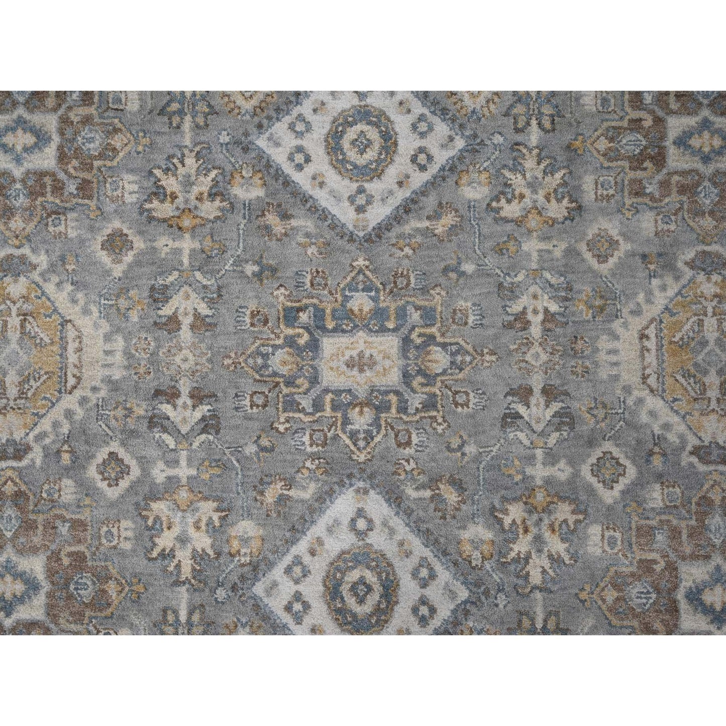 7'X7' Gray And Ivory Hand Knotted Karjihooz Design Soft Wool Round Rug