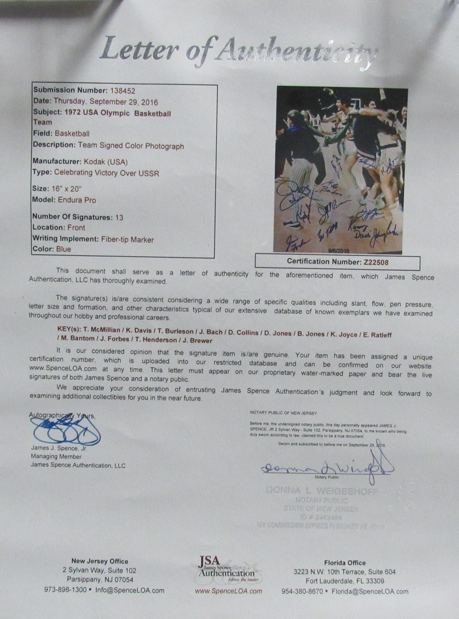 1972 Team Usa Basketball 13X Team Signed 16X20 Photo Olympics Jsa 193120