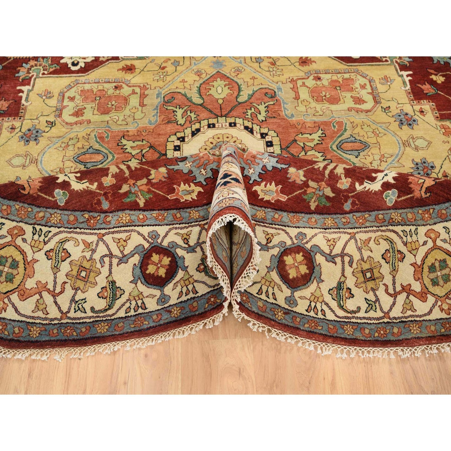 10'X10' Red Hand Spun Wool Hand Knotted Antiqued Fine Heris Round Rug