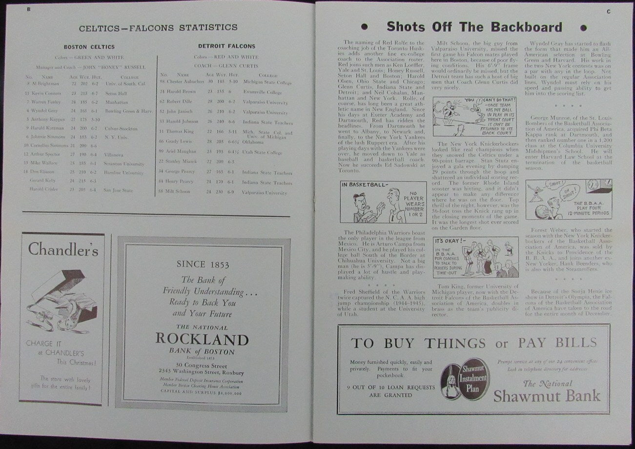 Vintage 1946 Boston Celtics Vs. Detroit Falcons