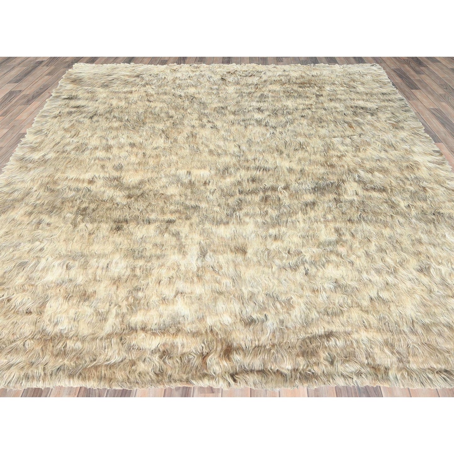 9'X9' Beige Shaggy Moroccan Undyed Natural Wool Hand Knotted Square Rug
