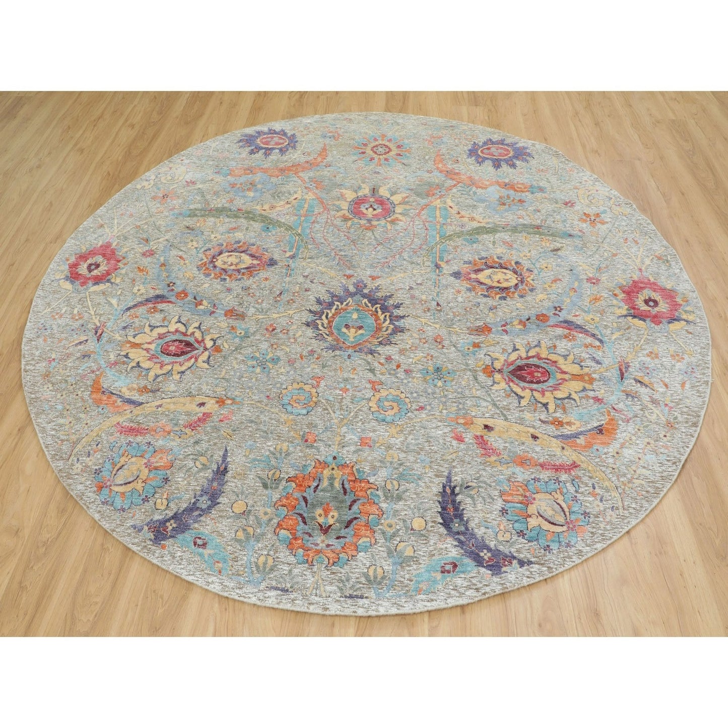 8'10"X8'10" Tan Round Sickle Leaf Design Silk With Wool Hand Knotted Rug