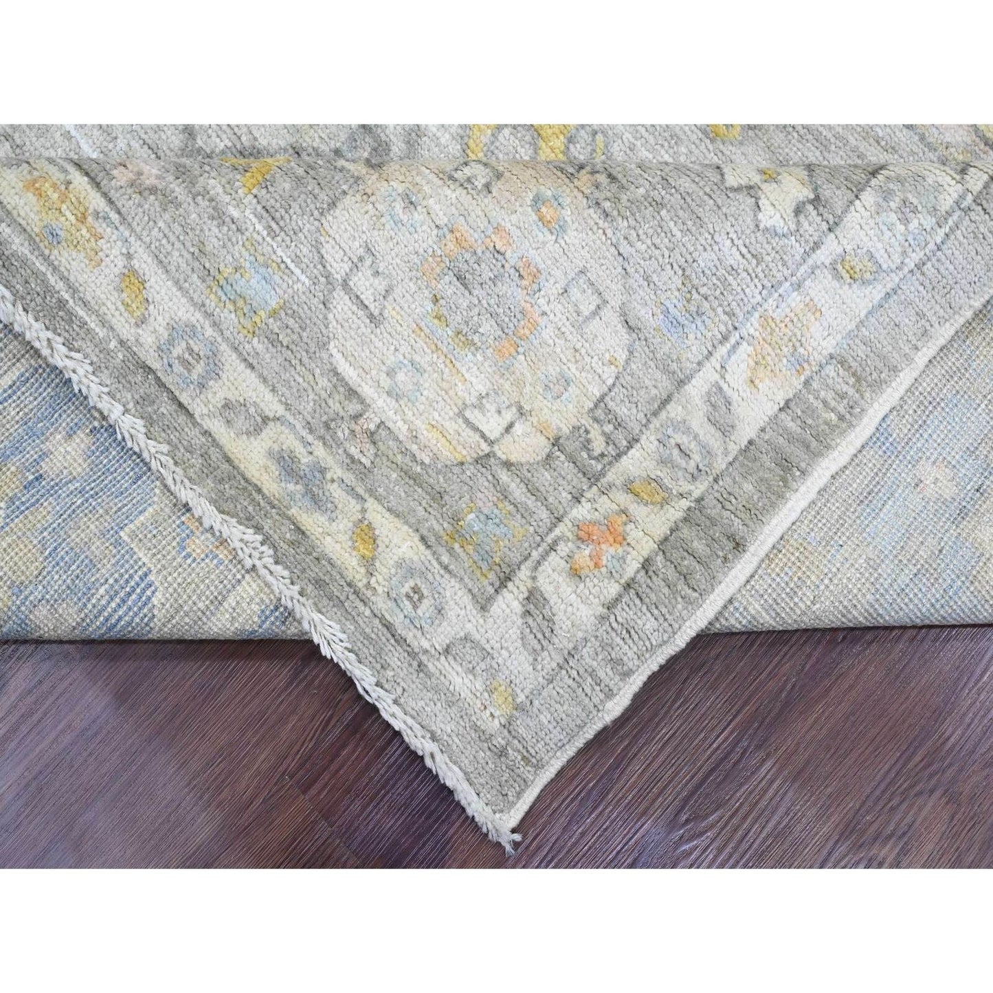 8'X9'7" Gray Afghan Angora Oushak Leaf Pattern Hand Knotted Pure Wool Rug