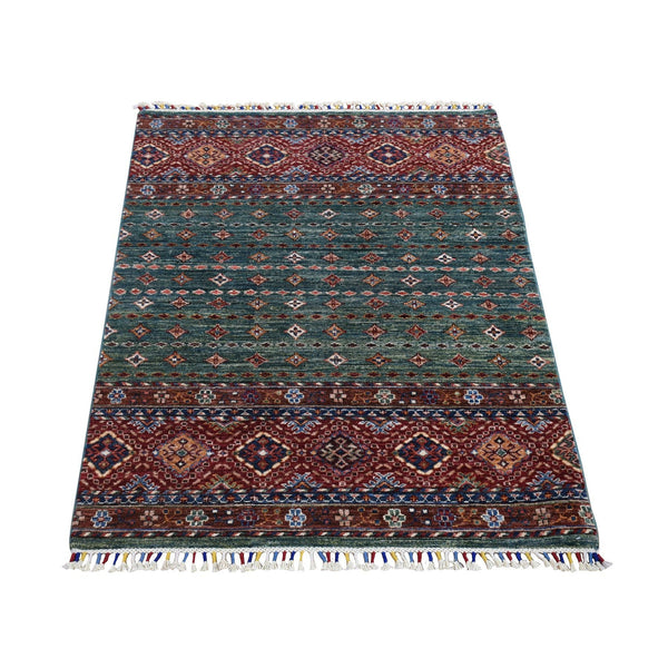 3'6"X5'3"Green Hand Knotted Super Kazak With Khorjin Design Soft Wool Rug