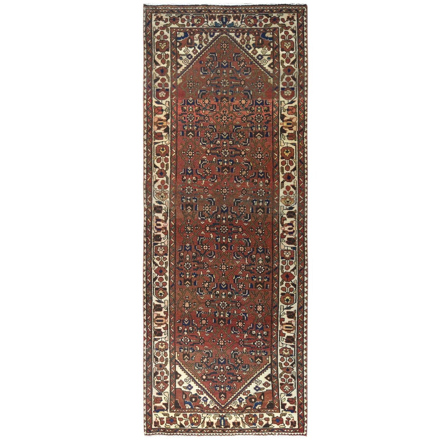 3'7"X9'10" Brown Vintage Farsian Worn Wool Hand Knotted Wide Runner Rug