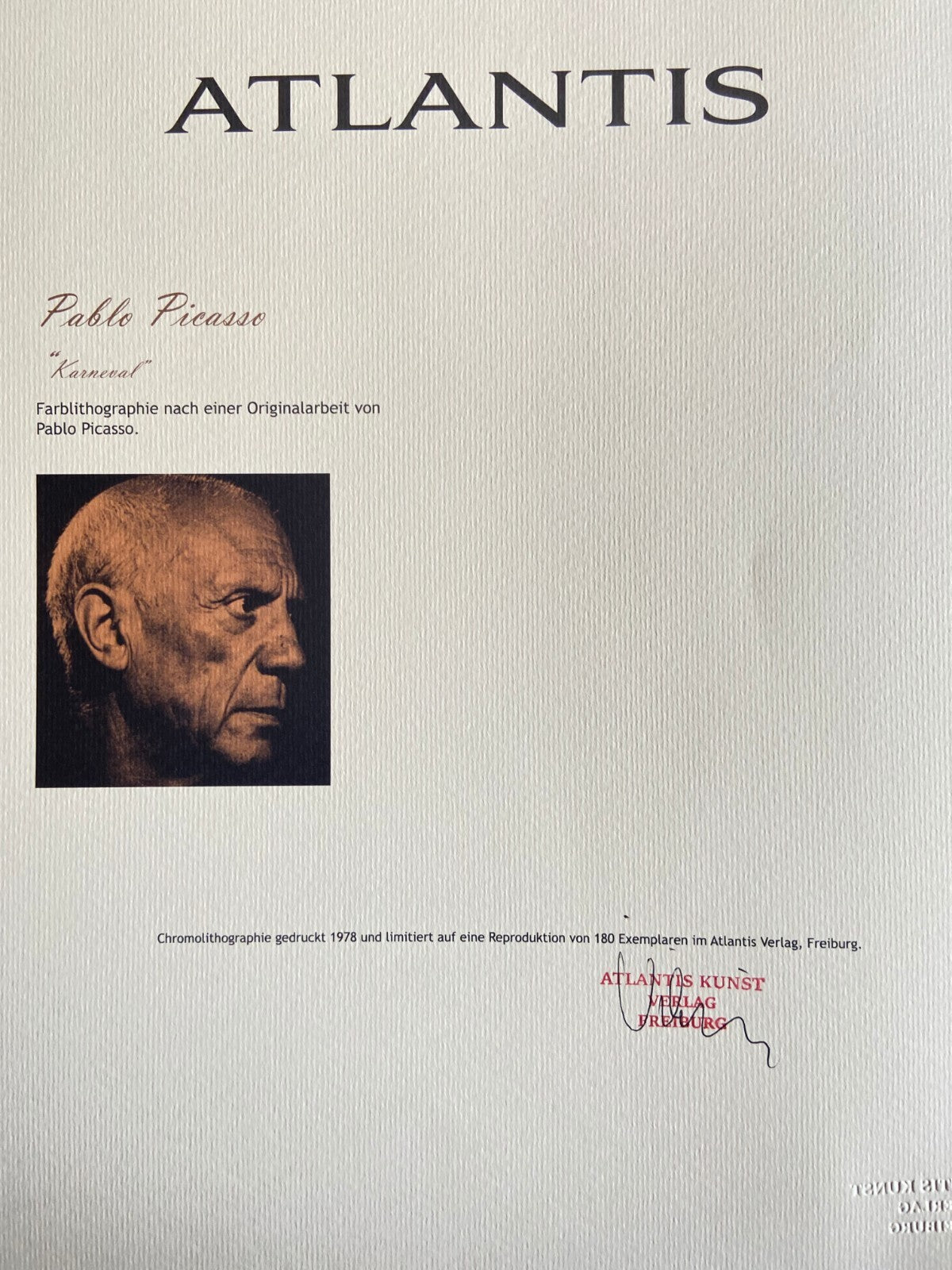 Pablo Picasso Coa Signed In Pen Numbered In
