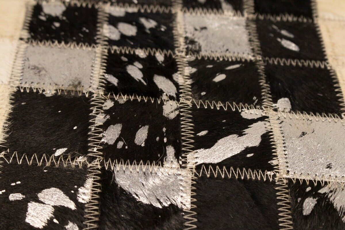 Hand-Stitched Black Beige Cowhide Leather Rug 4X6