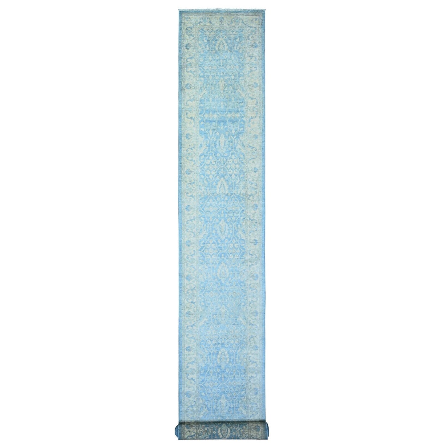 2'5"X18'10" Columbia Blue Wool Hand Knotted Finer Peshawar Oriental Rug