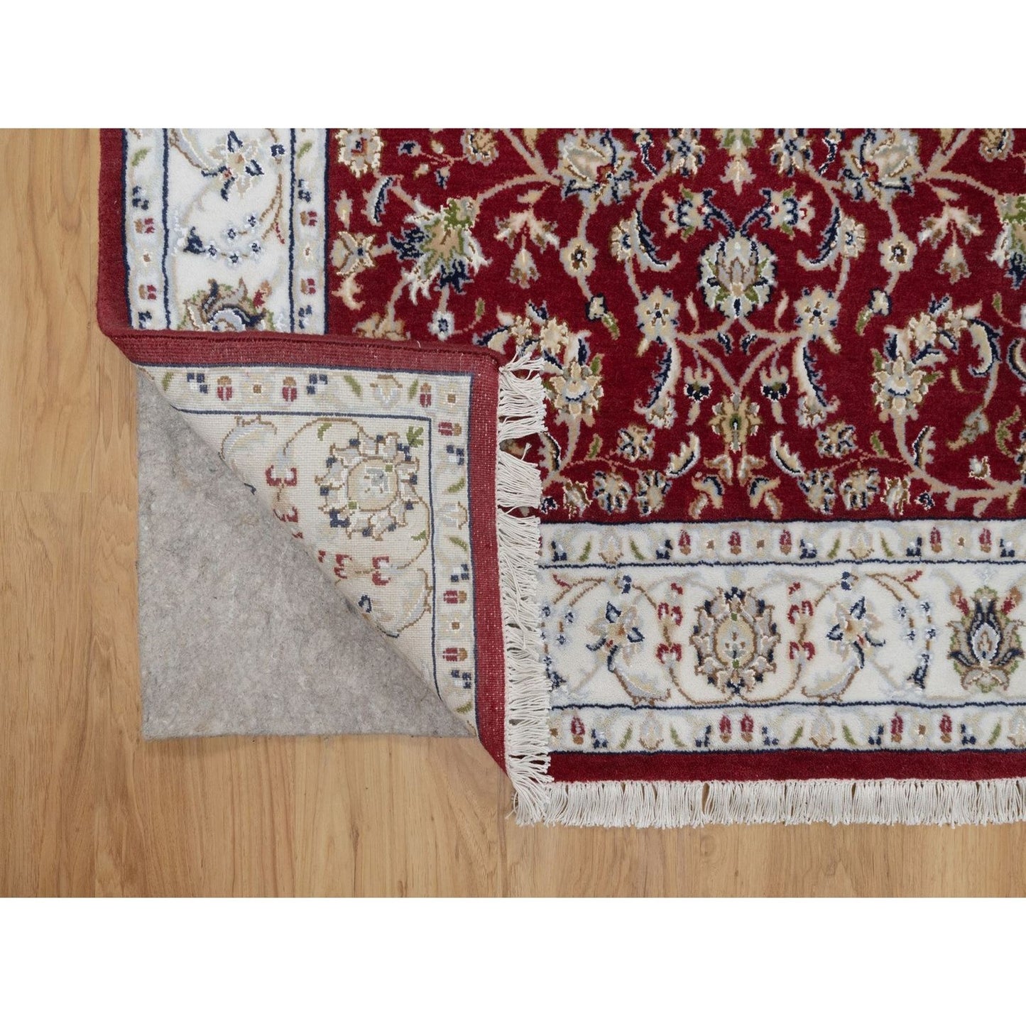4'X6'1" Red Nain With Flower Pattern Wool And Silk Hand Knotted Rug