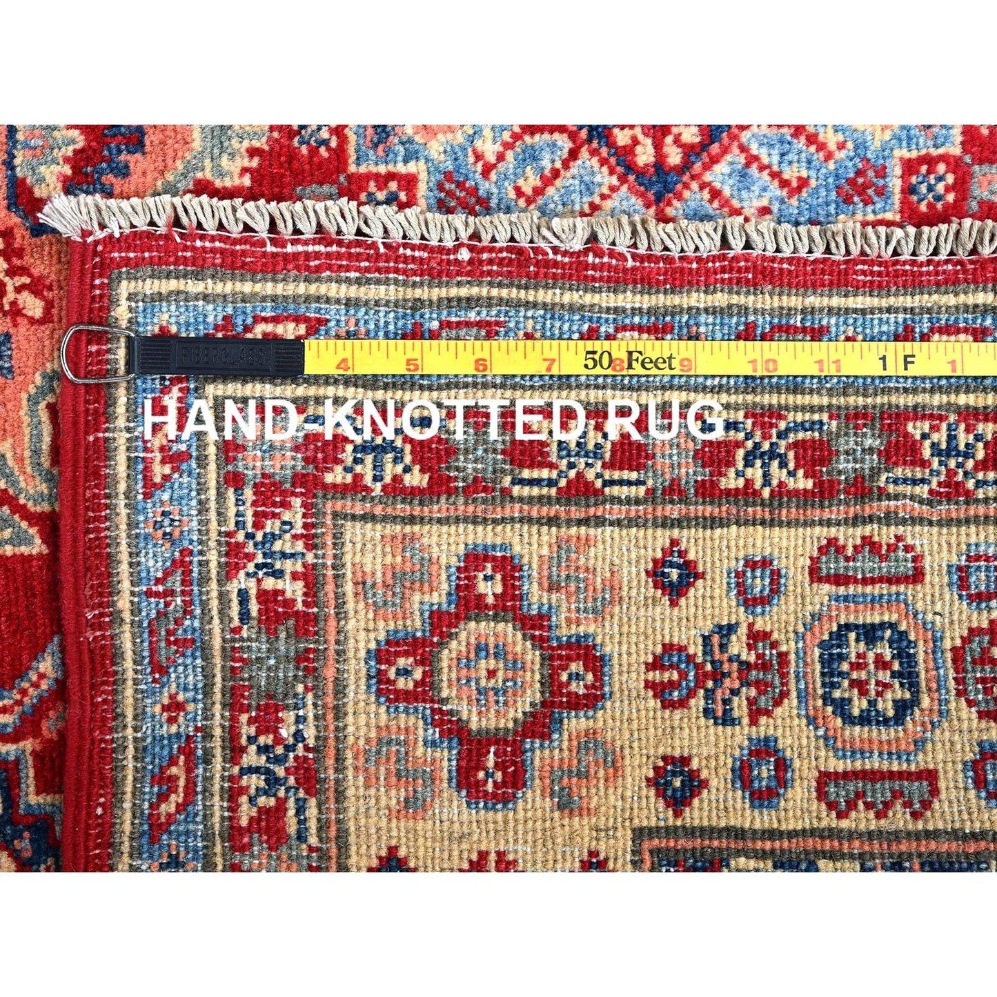 5'X6'4" Scarlet Red Kazak With Geometric Design Hand Knotted Pure Wool Rug