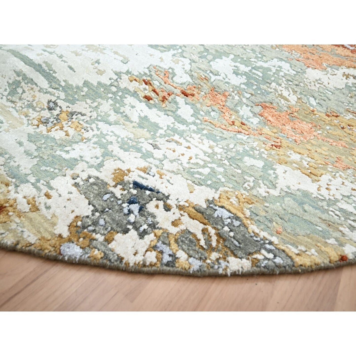 8'X8' Gray With Peach Abstract Design Pure Wool Hand Knotted Round Rug