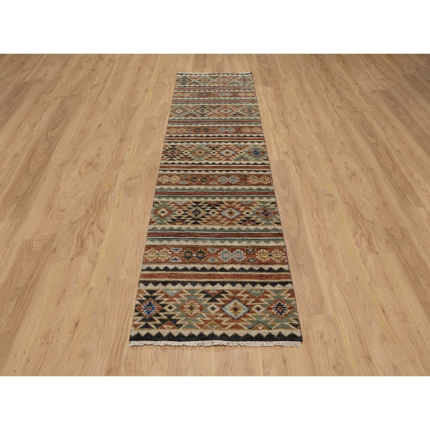 2'6"X9'10" Oyster Gray Southwest Design Hand Knotted Pure Wool Runner Rug