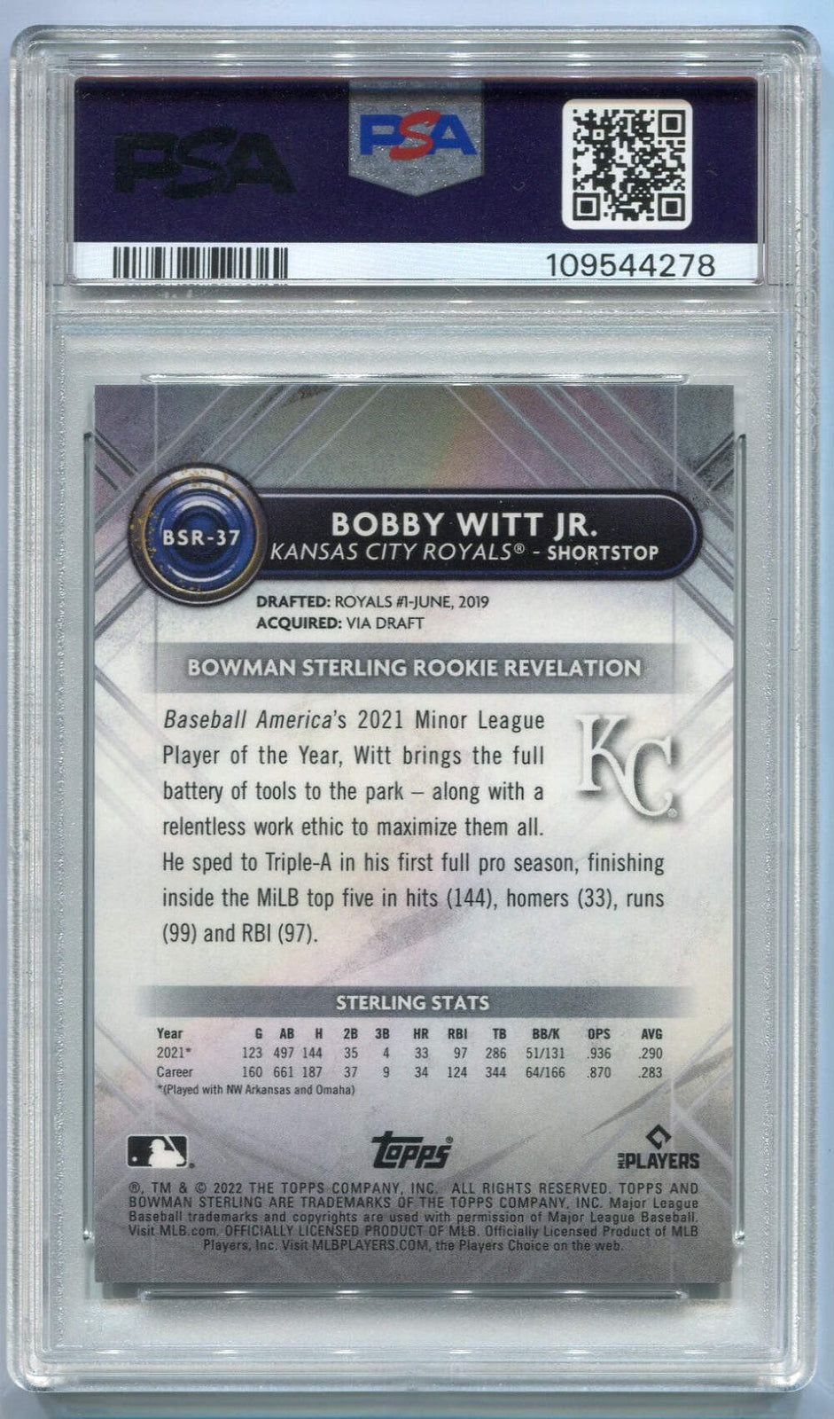 Bobby Witt Jr. 2022 Bowman Sterling Mini Diamond Refractor Rc #Bsr-37 110/150 Ps