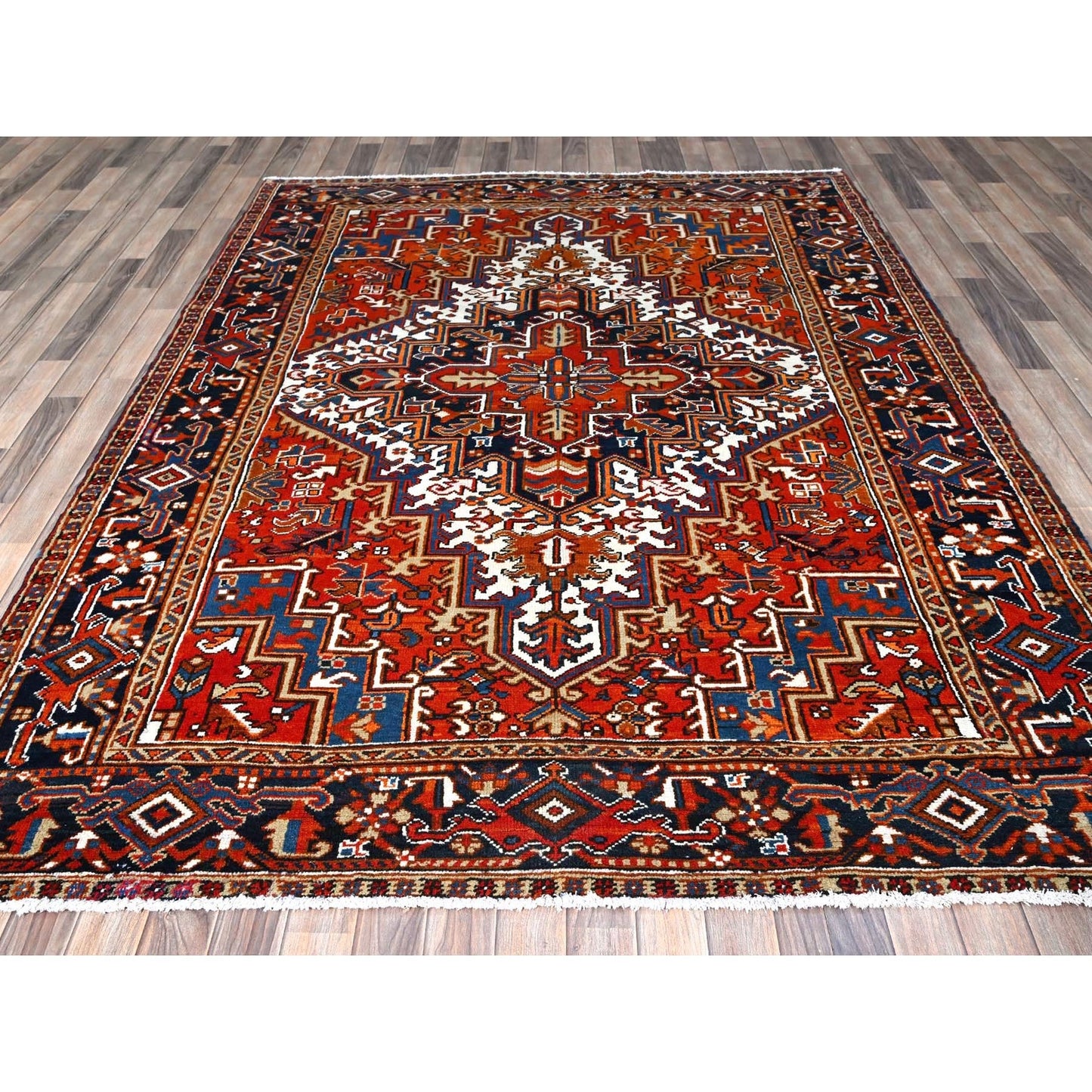 6'10"X8'10" Chili Red Vintage Zoroastrian Heris Pure Wool Hand Knotted Rug