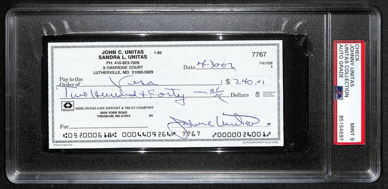 Johnny Unitas Signed 4/30/02 Check Psa/Dna Mint 9