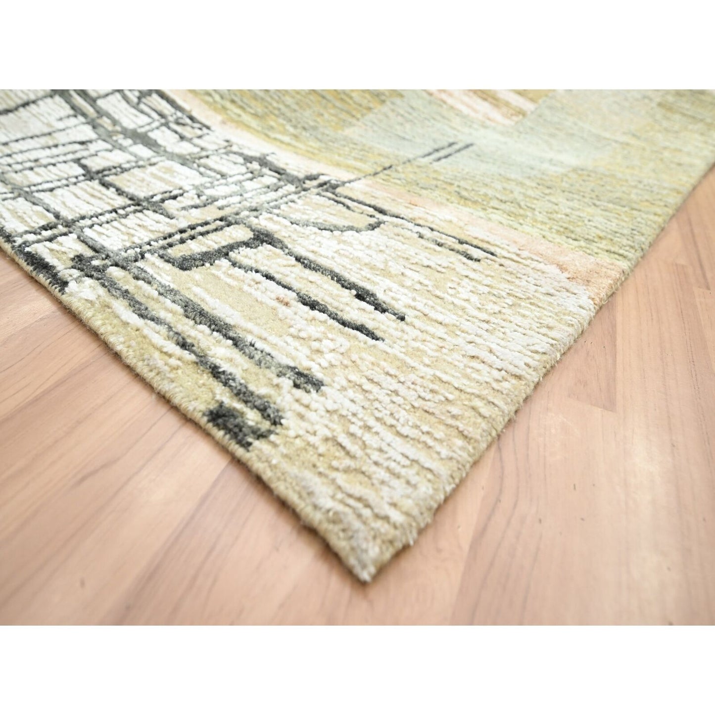 10'X14' Gray With Brown Hand Knotted Abstract Geometric Pattern Wool Rug