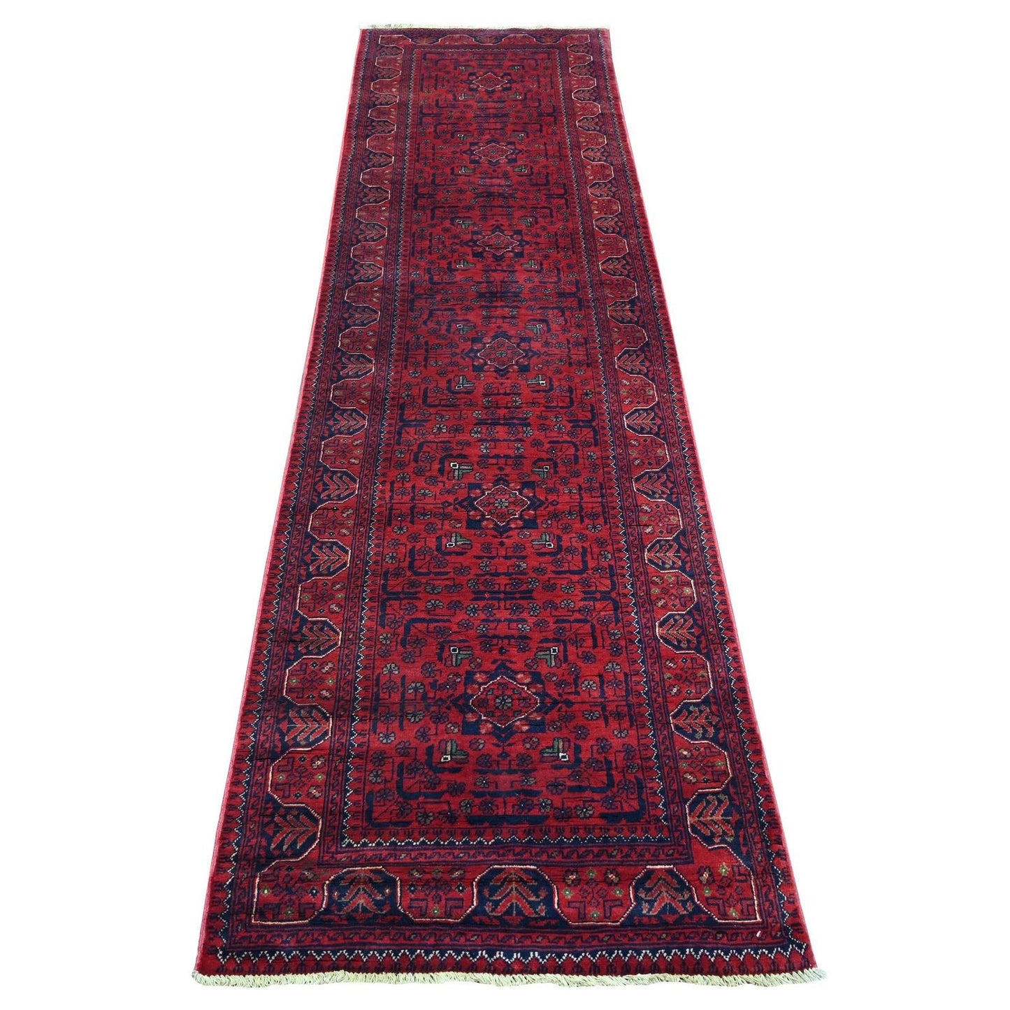 2'7"X9'5" Rich Red Afghan Khamyab Soft Wool Hand Knotted Runner Rug