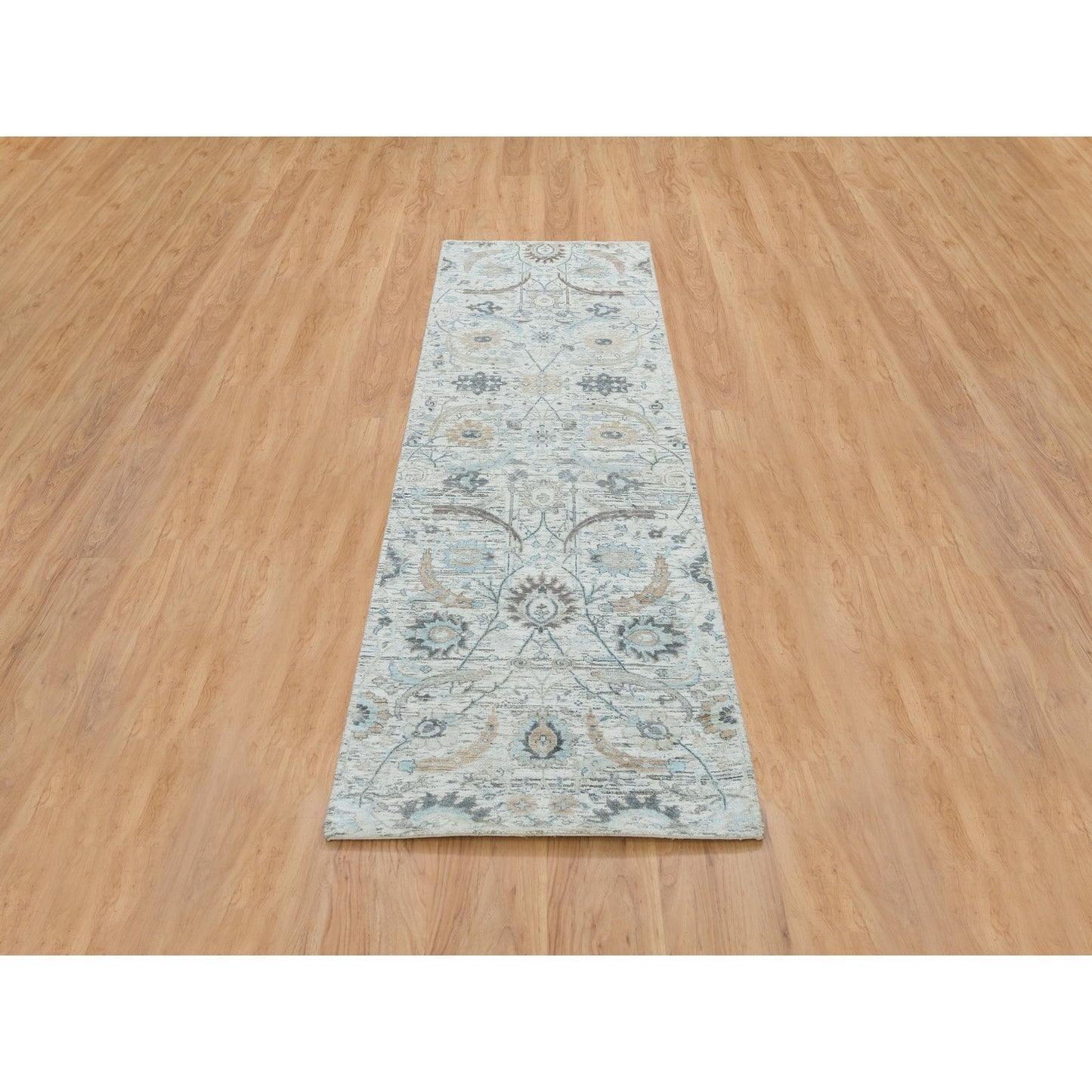 2'7"X8'2" Ivory Hand Knotted Sickle Leaf Design Silk/Wool Runner Rug