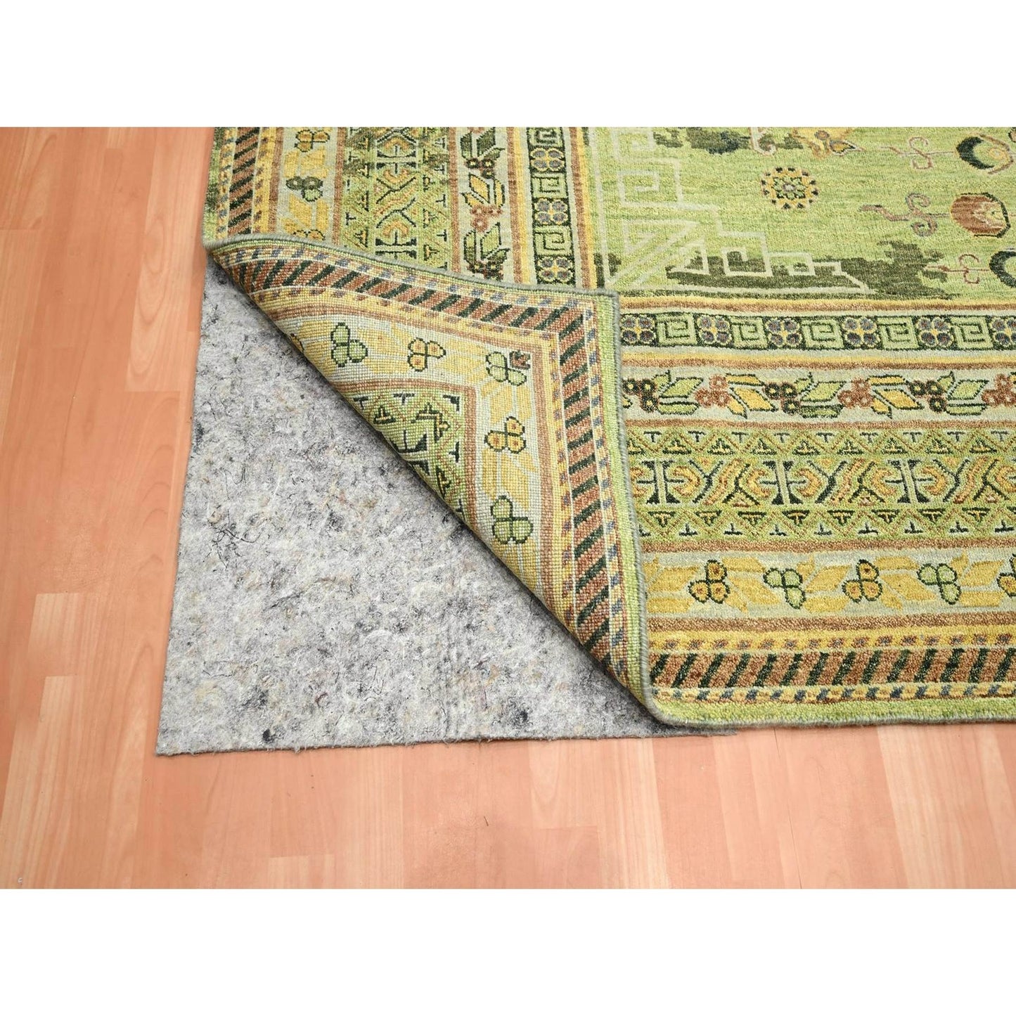 9'X12'1" Shades Of Green Khotan Design Wool Shaved Low Hand Knotted Rug