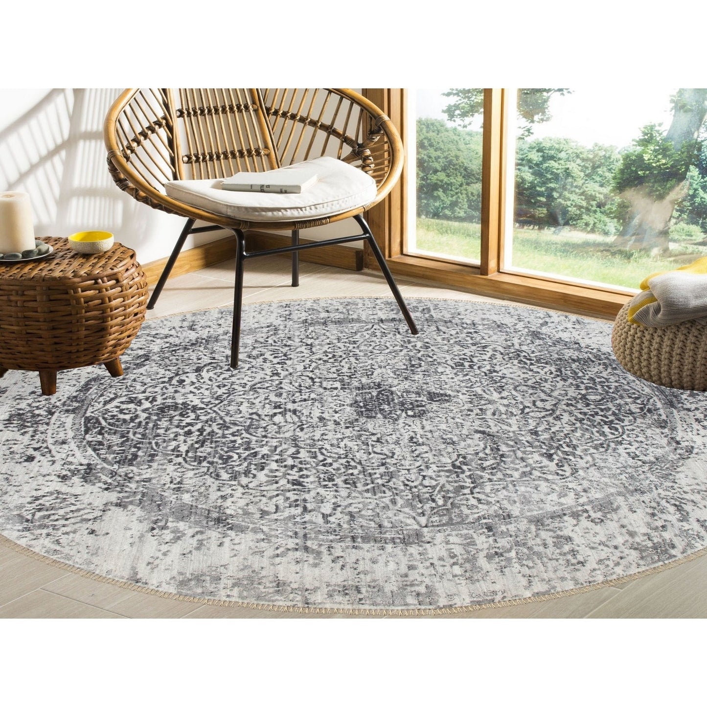 8'X8' Wool And Silk Hand Knotted Broken Design Round Fine Rug