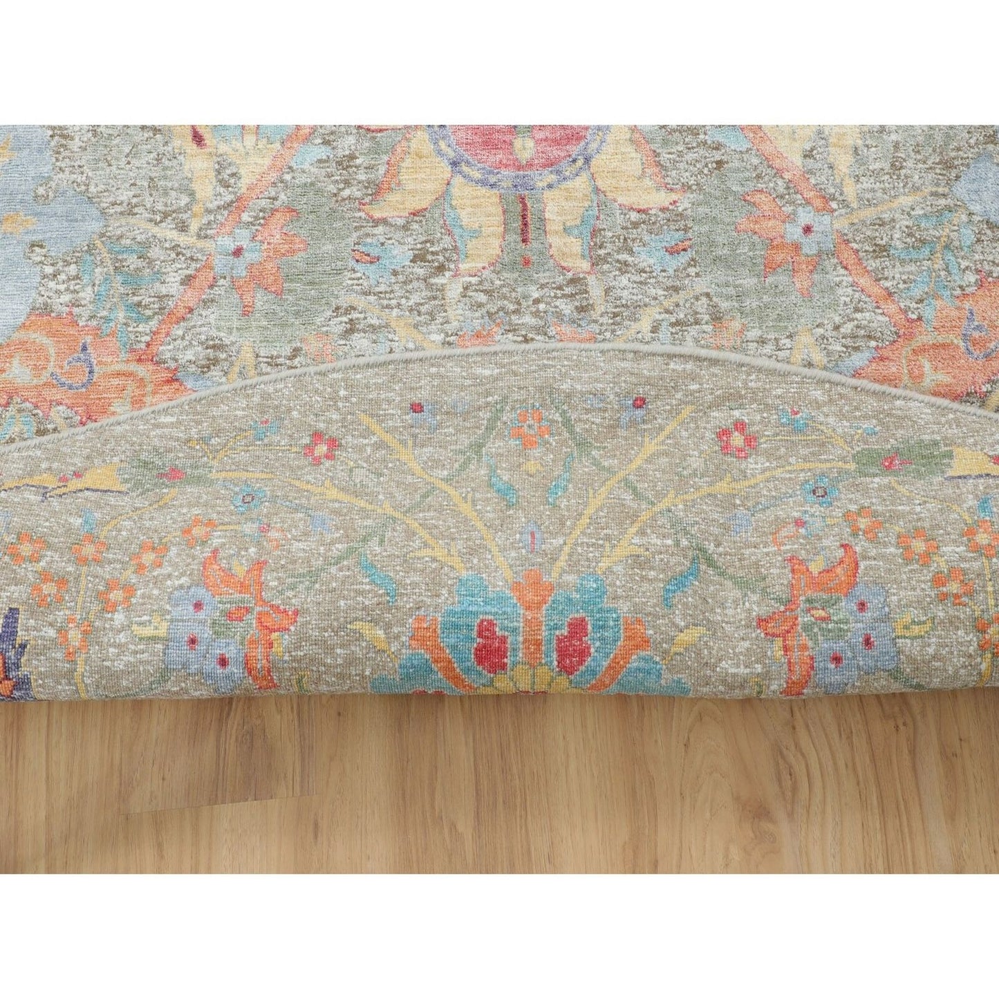 8'10"X8'10" Tan Round Sickle Leaf Design Silk With Wool Hand Knotted Rug