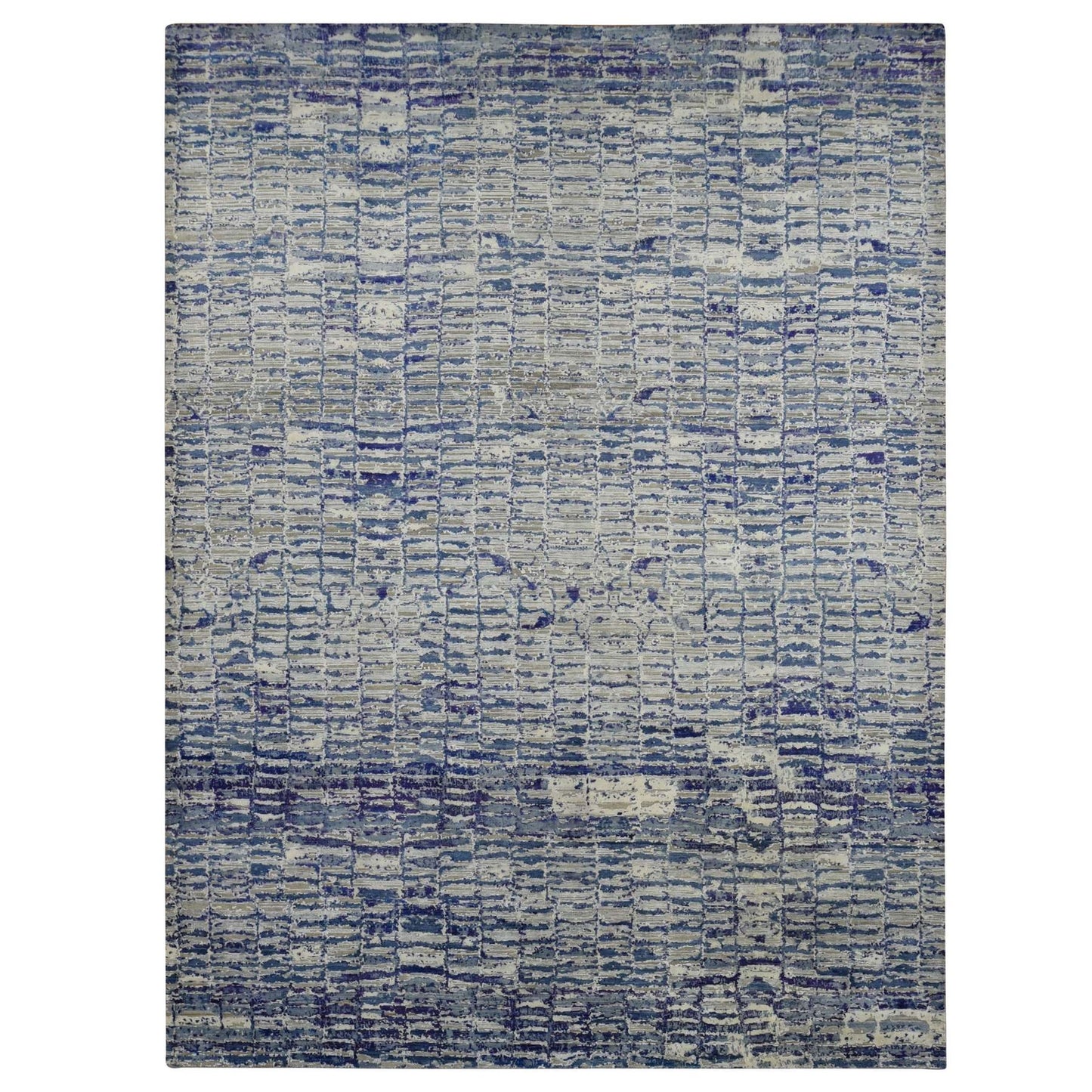 9'X12'2" Blue Diminishing Bricks Design Sari Silk Hand Knotted Rug