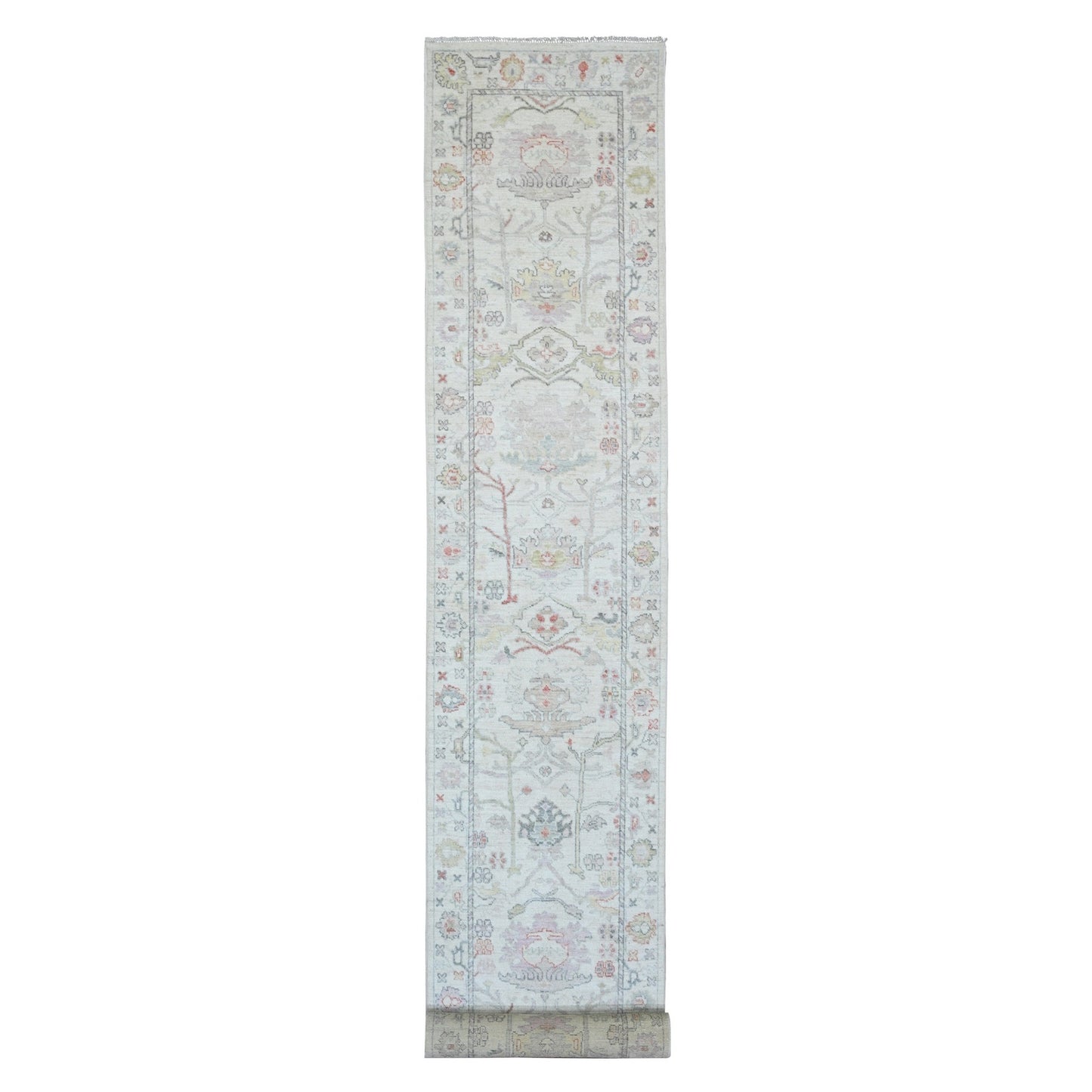 3'1"X22'4" White Angora Oushak Leaf Design Hand Knotted Wool Runner Rug