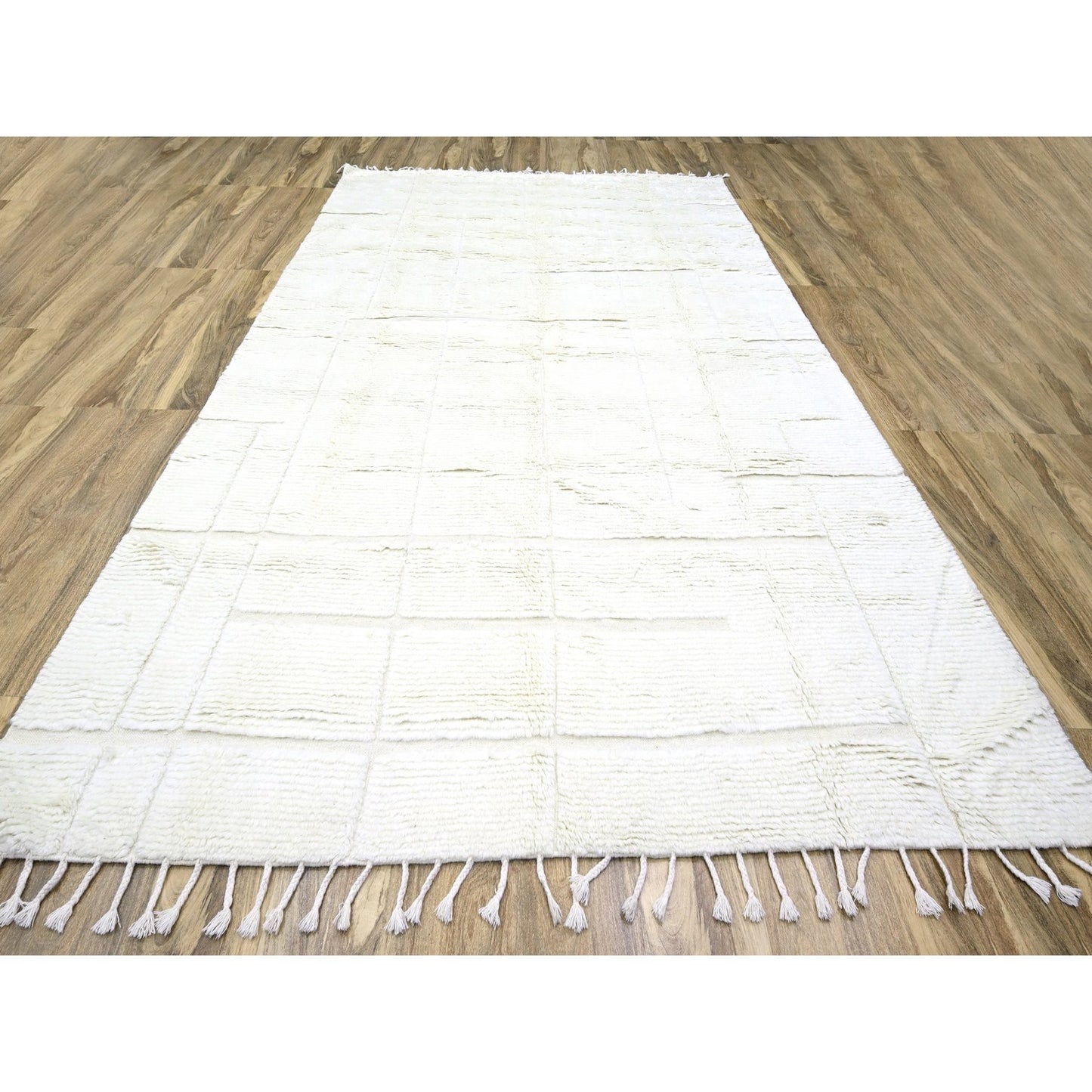 10'1"X14' Pearl White Moroccan Weave Grid Design Wool Hand Knotted Rug