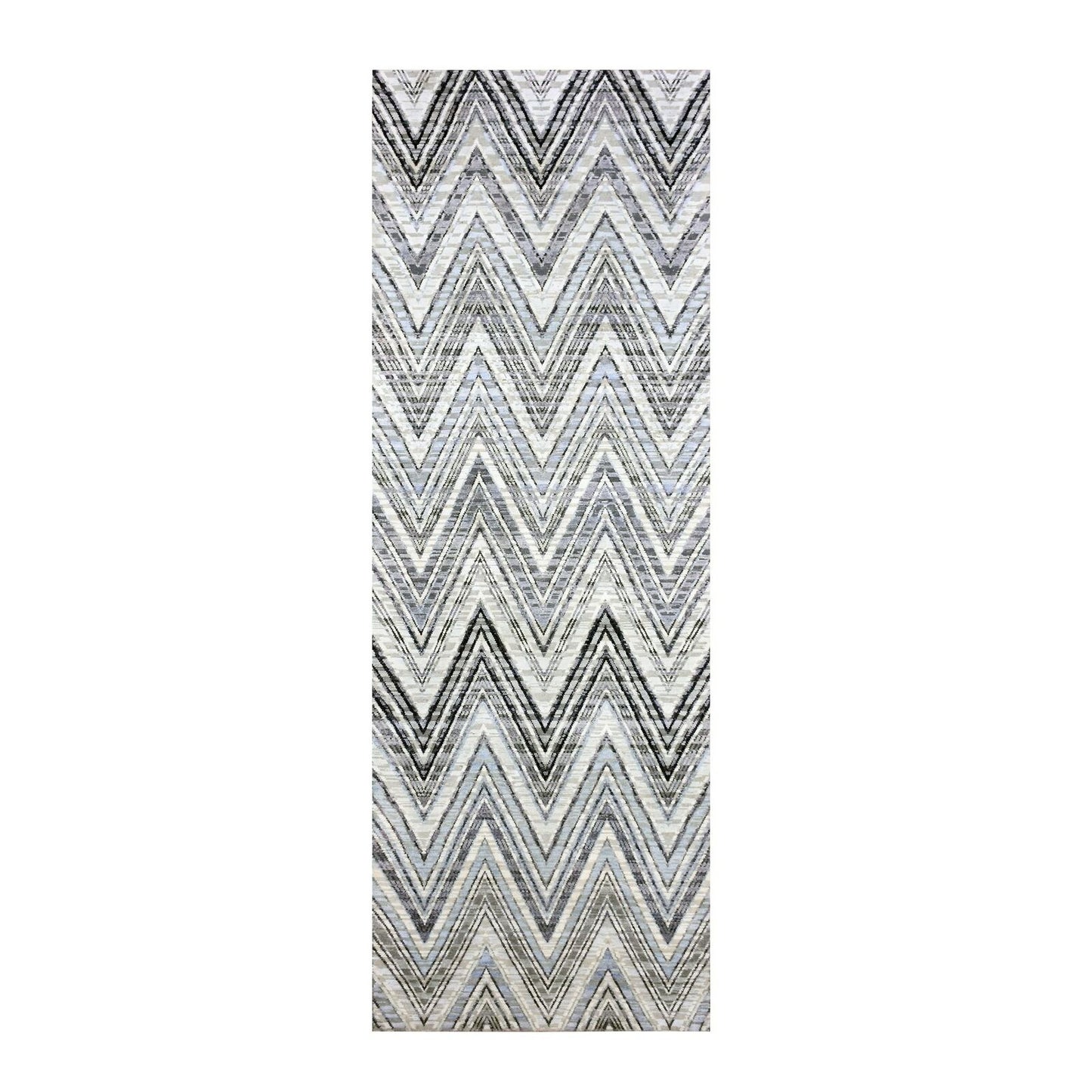 4'2"X12'4" Ivory Modern Textured Wool-Pure Silk Hand Knotted Runner Rug