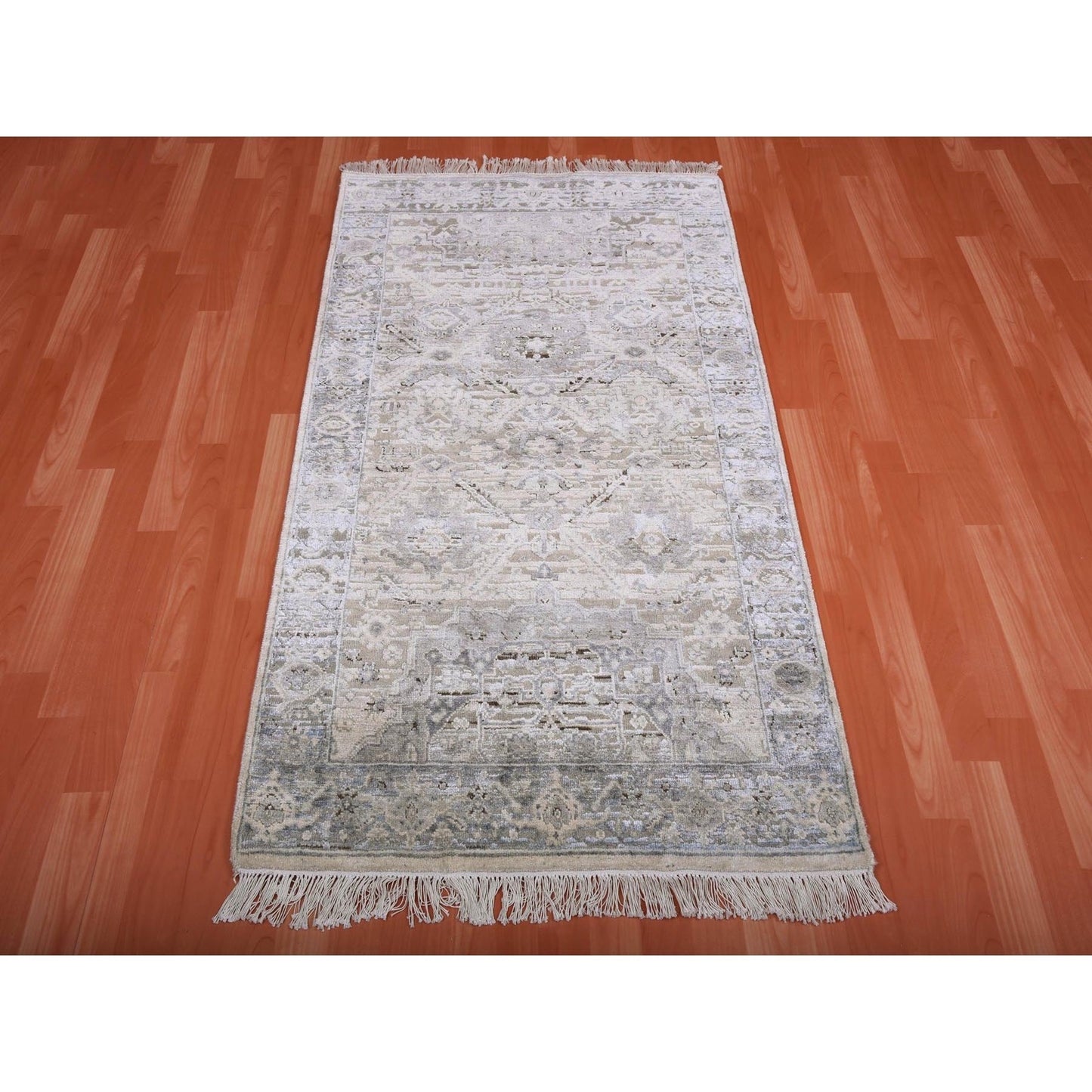 3'X5'2" Gray Pure Silk And Textured Wool Hand Knotted Oushak Rug