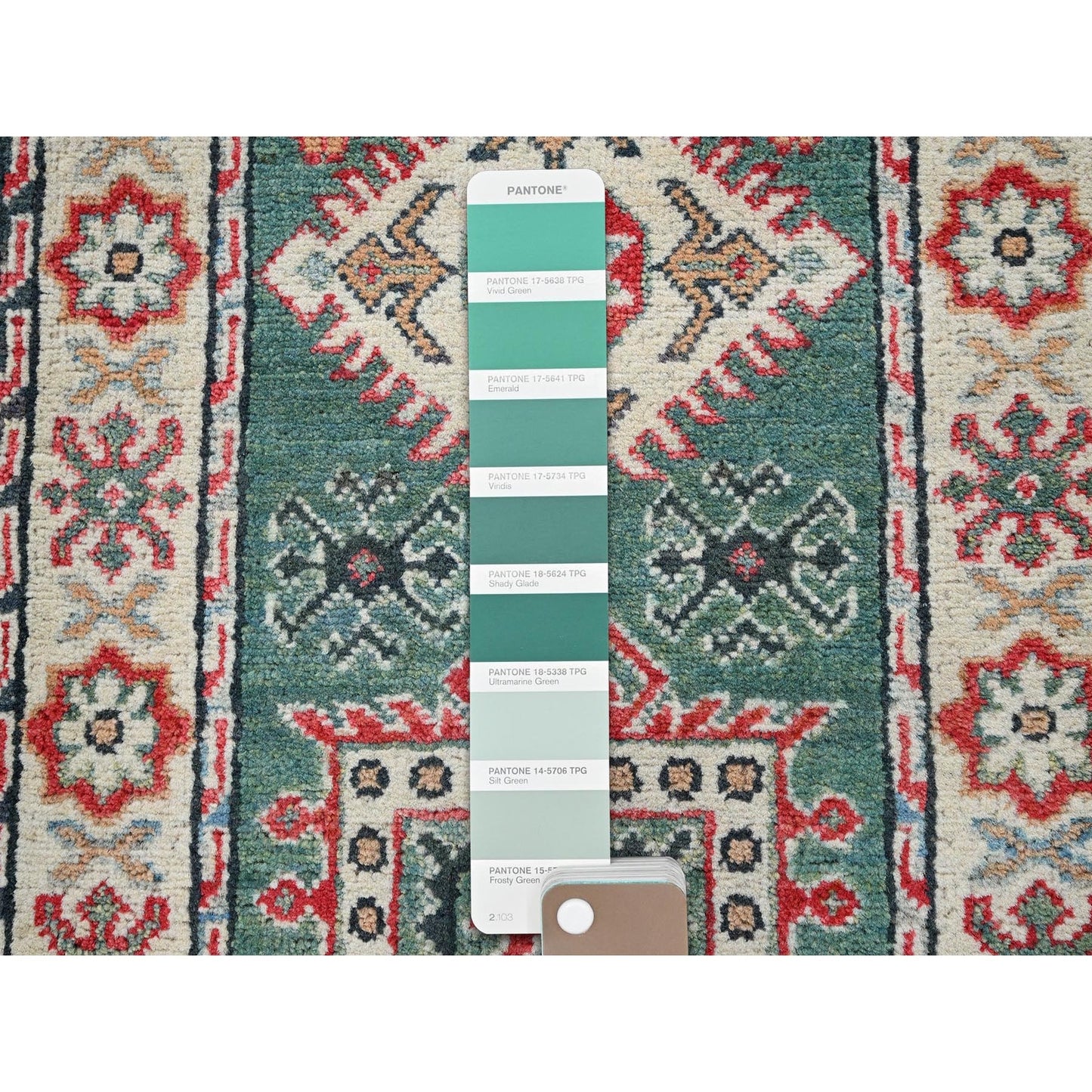 2'X5'10" Green Kazak With Geometric Design All Wool Hand Knotted Runner Rug