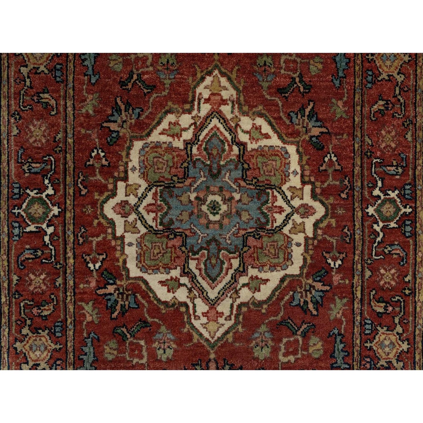 2'6"X8' Red Antiqued Heris Re-Creation Hand Knotted Soft Wool Runner Rug