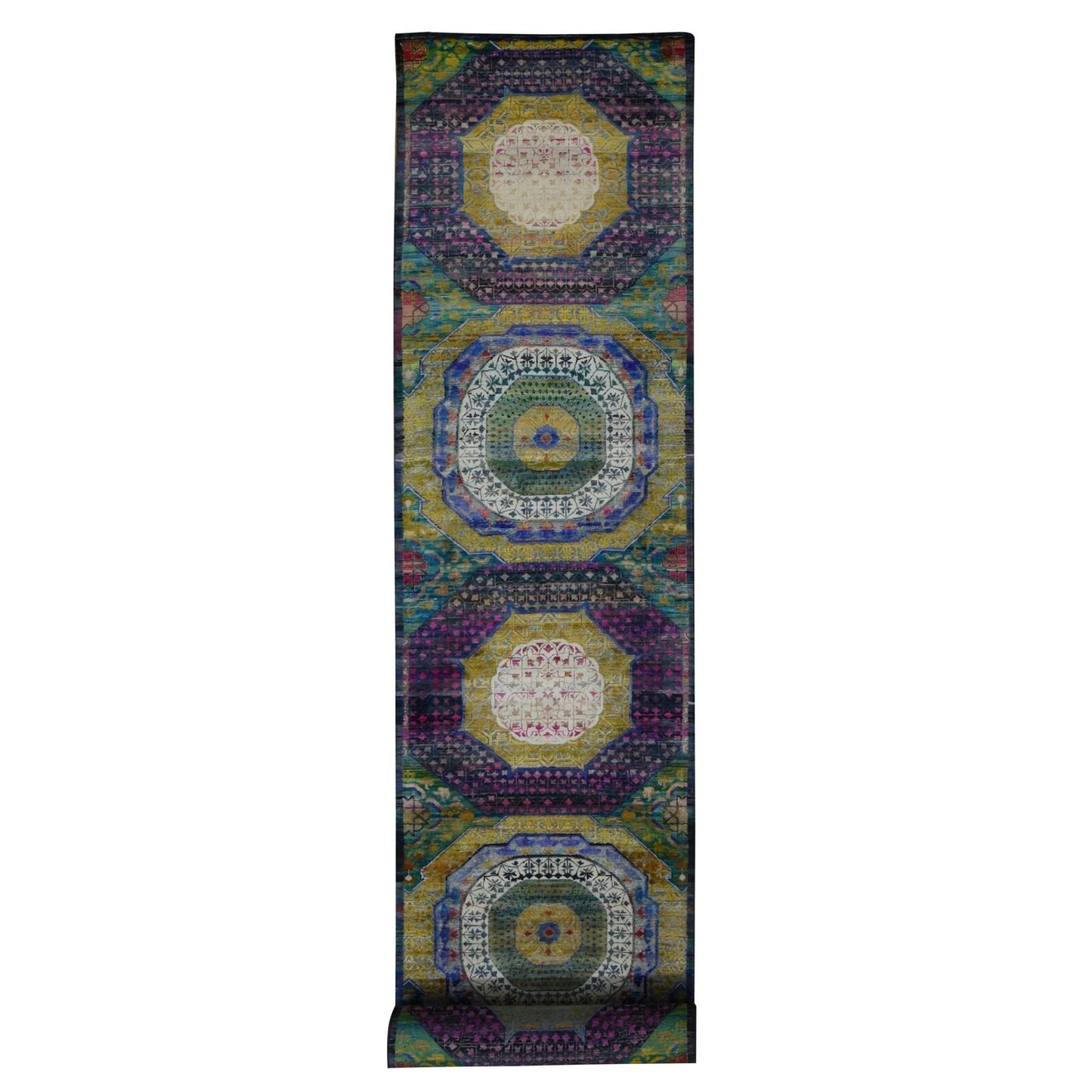 3'1"X16'1" Colorful Mamluk Design Silk With Wool Runner Hand Knotted Rug