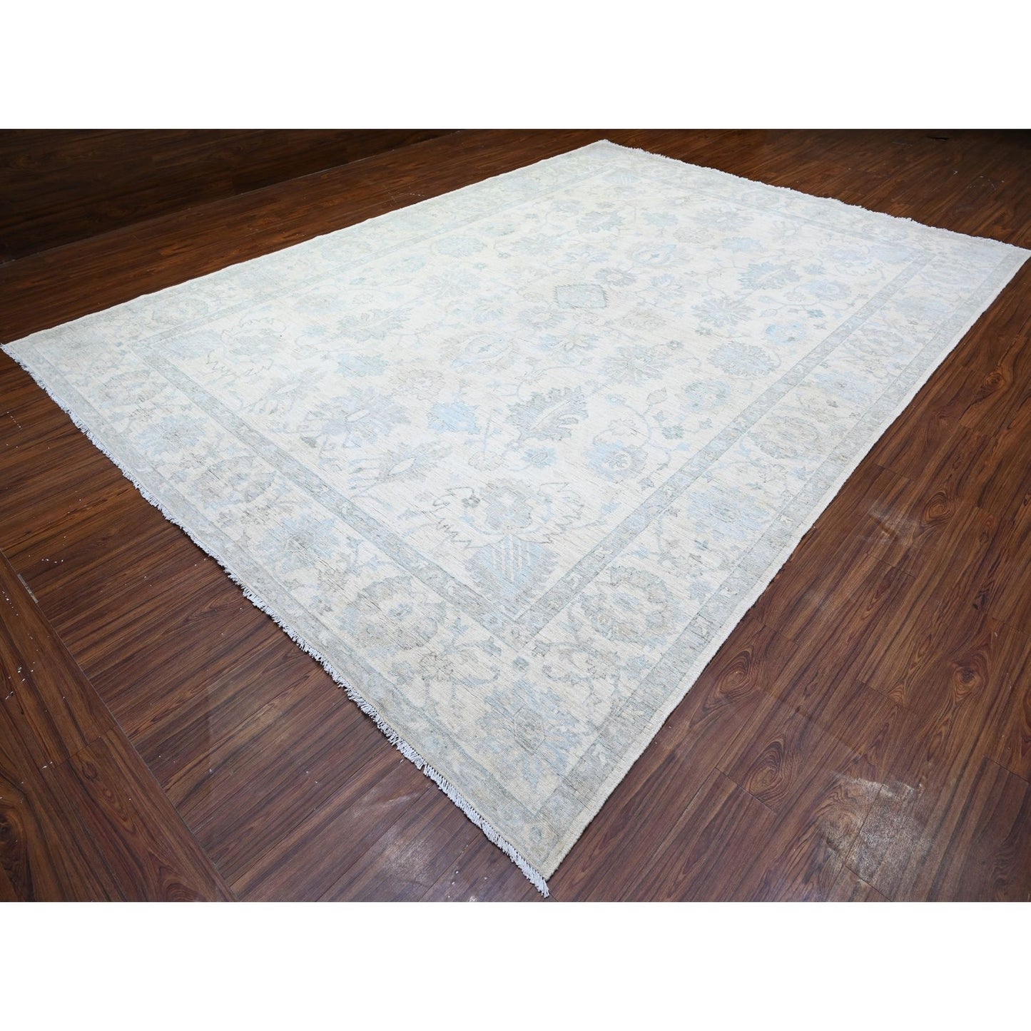 10'2"X14'1" Frost White Organic Wool White Wash Peshawar Hand Knotted Rug