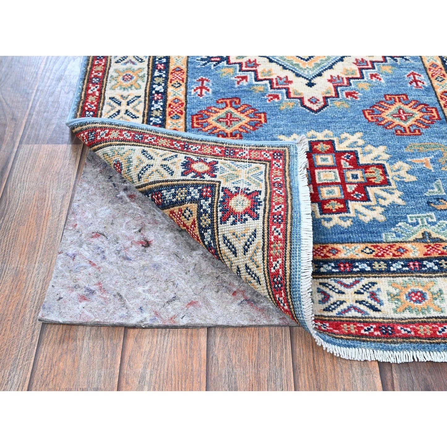 2'6"X6'2" Blue Kazak With Geometric Design Hand Knotted All Wool Runner Rug
