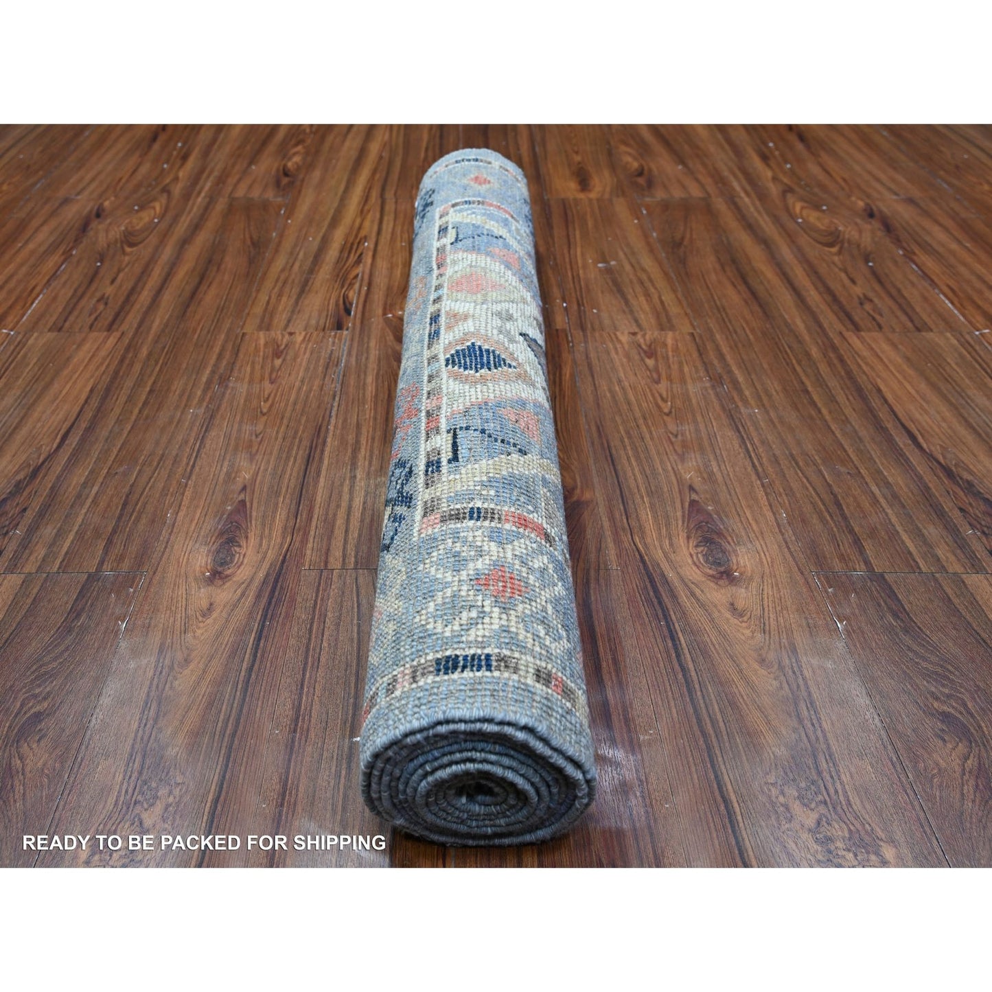 3'2"X10'2" Arctic Blue Hand Knotted Village Inspired Shiny Wool Rug