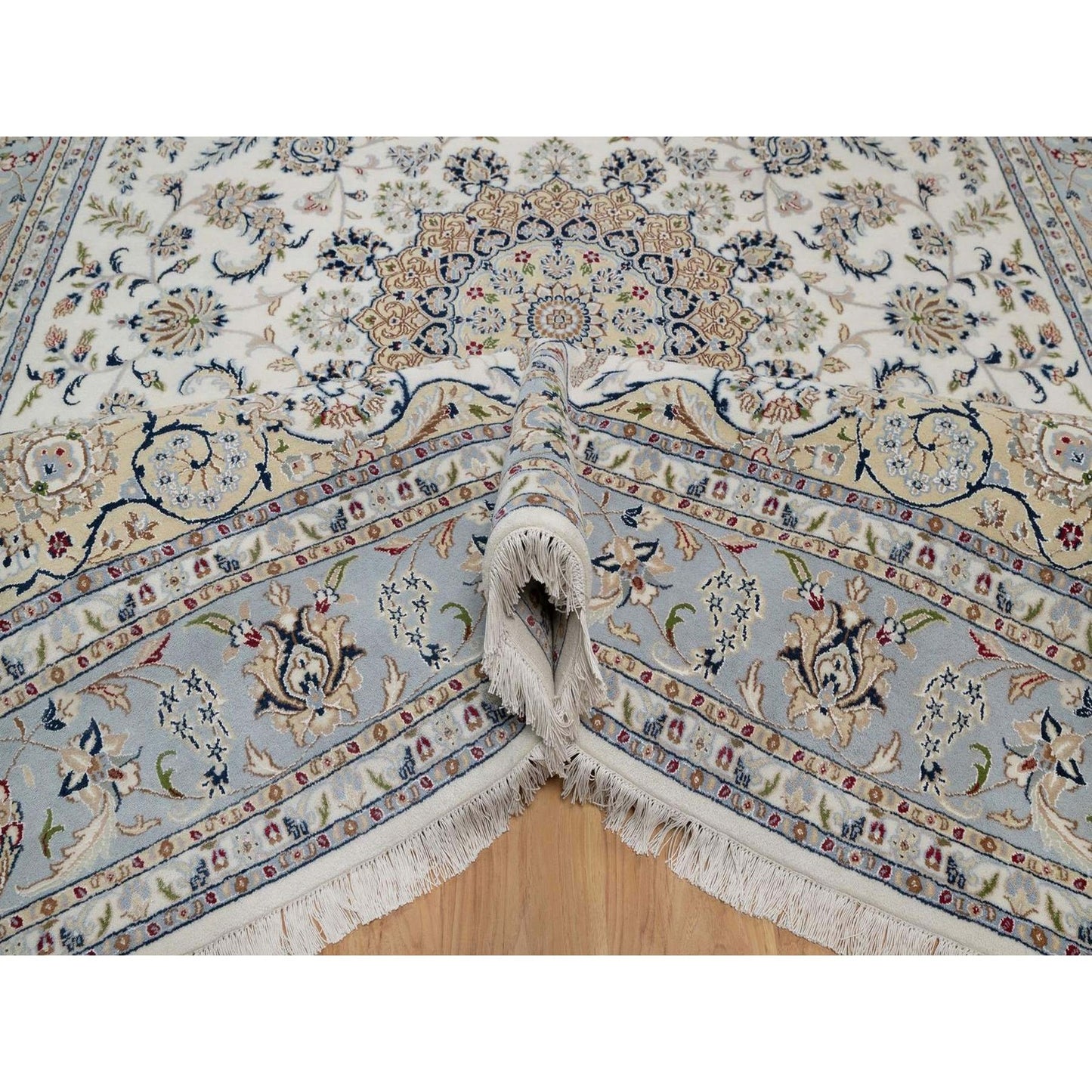 8'7"X12' Ivory Wool And Silk Nain Medallion Design Hand Knotted Rug