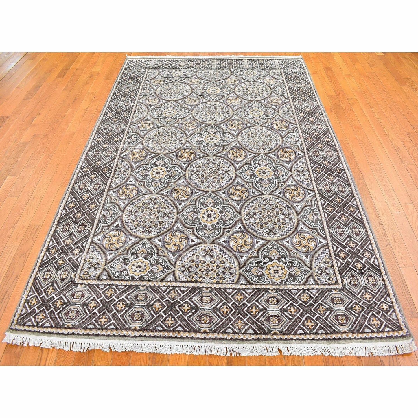 6'2"X9'3" Wool & Silk Mughal Inspired Medallions Design Hand Knotted Rug