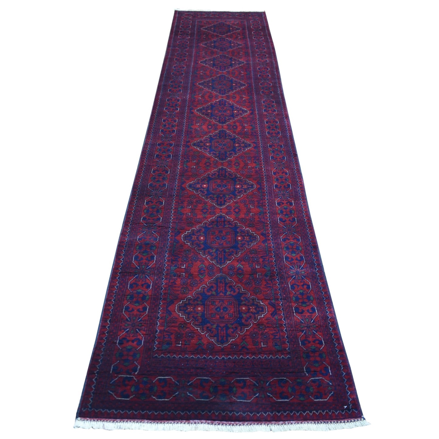 2'8"X13'1" Red Afghan Khamyab Pure Wool Geometric Design Hand Knotted Rug
