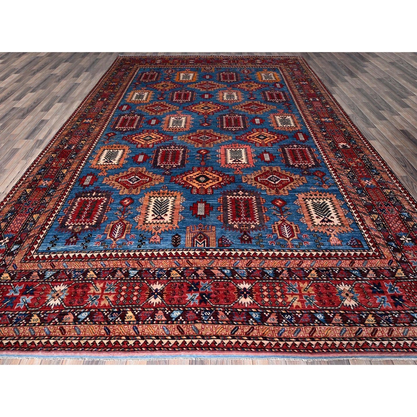 10'X13'6" Blue Afghan Ersari Caucasian Design Revival Hand Knotted Wool Rug