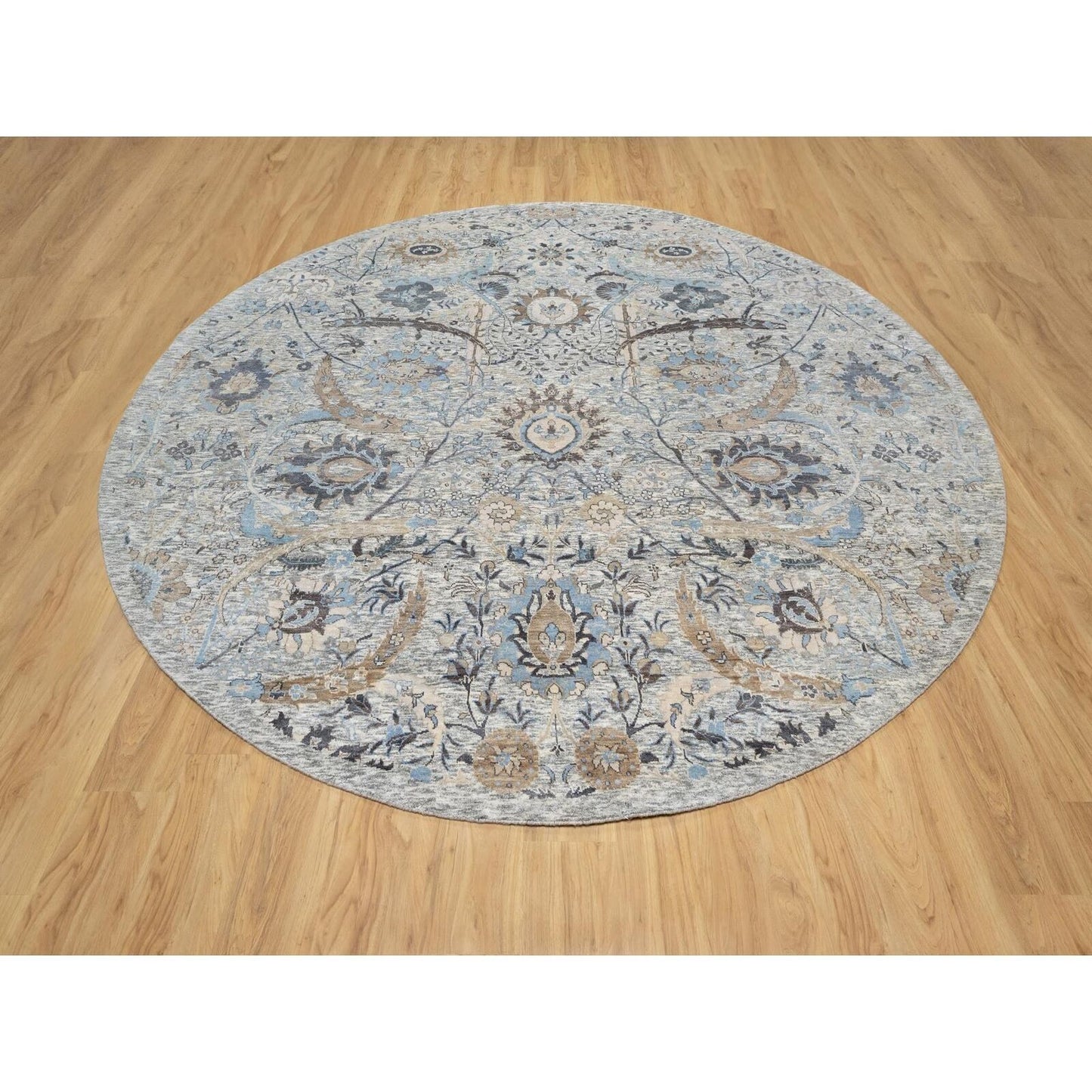 10'X10' Tahira White Hand Knotted Silk And Wool Sickle Leaf Round Rug