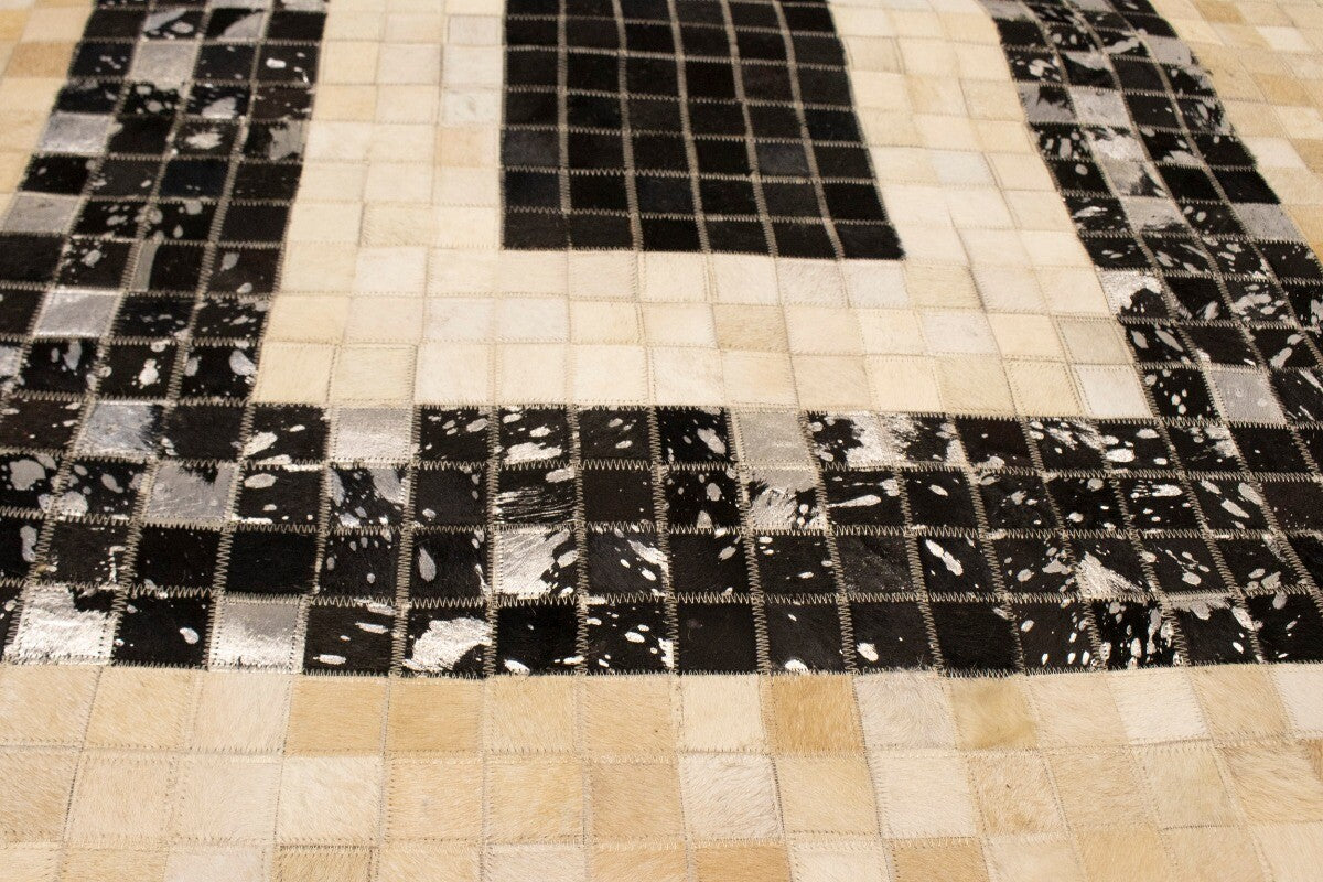 Hand-Stitched Black Beige Cowhide Leather Rug 4X6